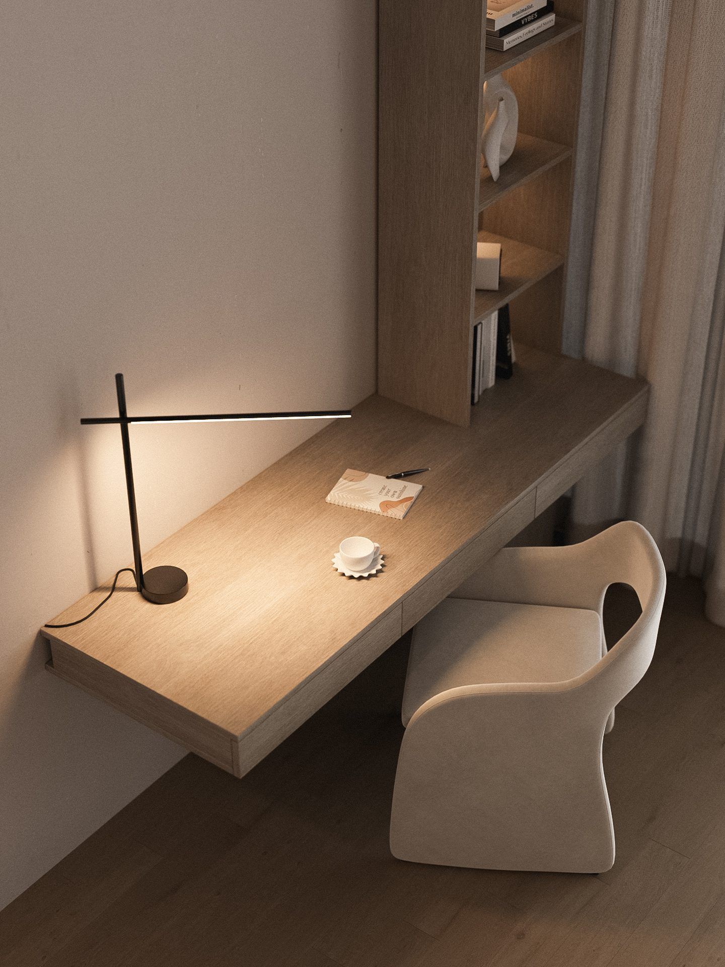 Desk by window with white chair and restrained design
