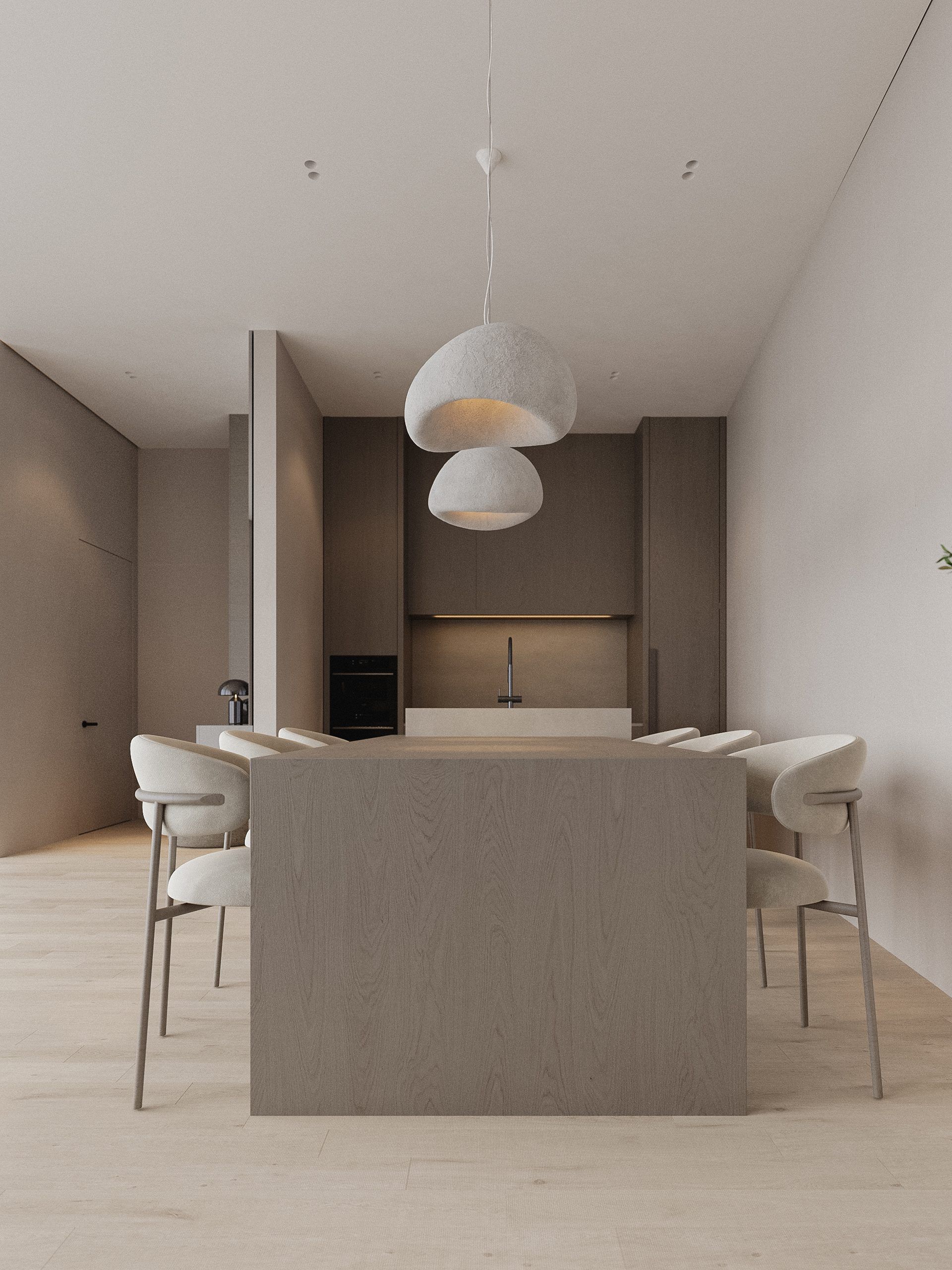 Dining area with pendant lights and wooden table