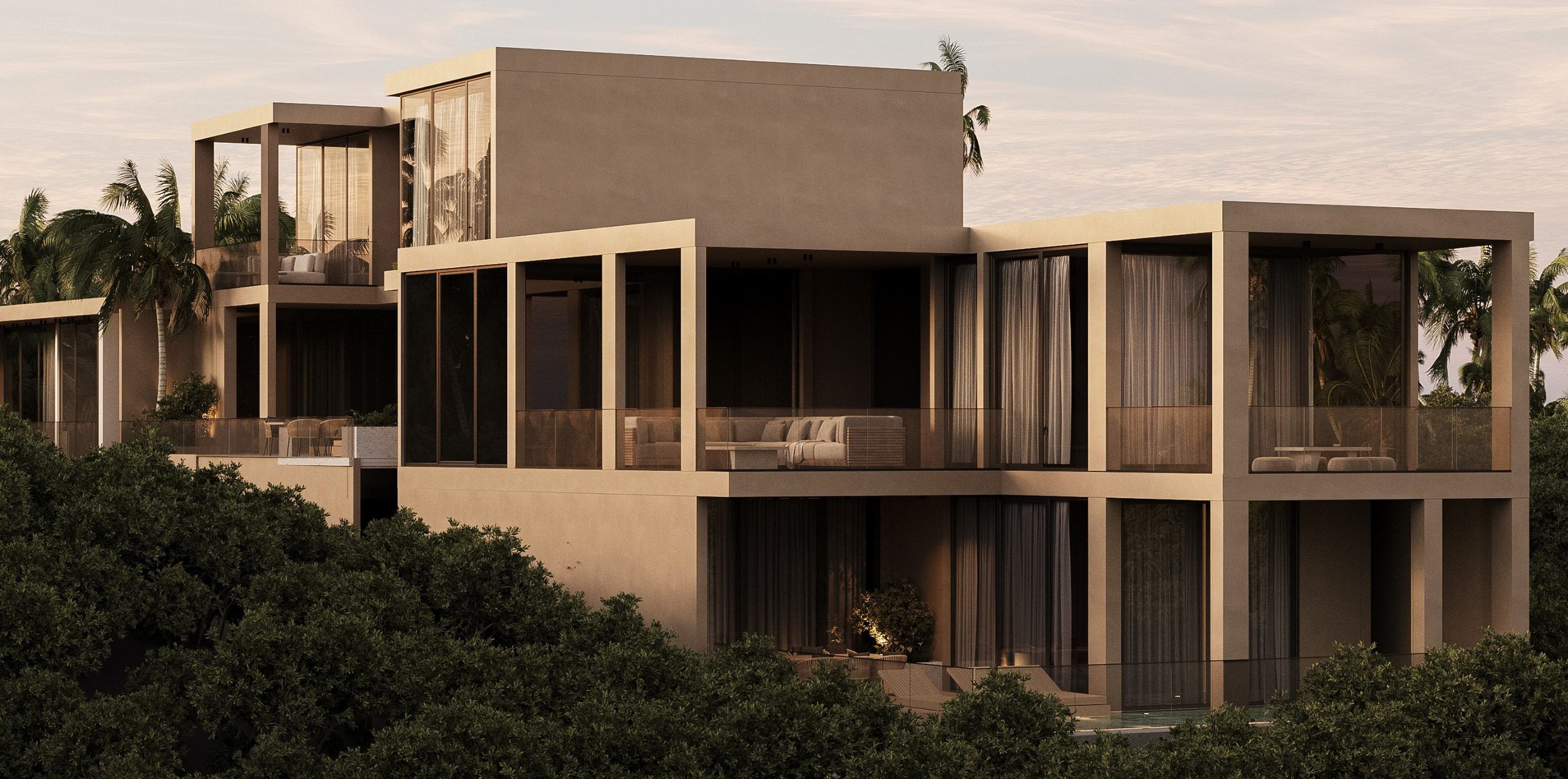 Modular residential design on hillside with open galleries