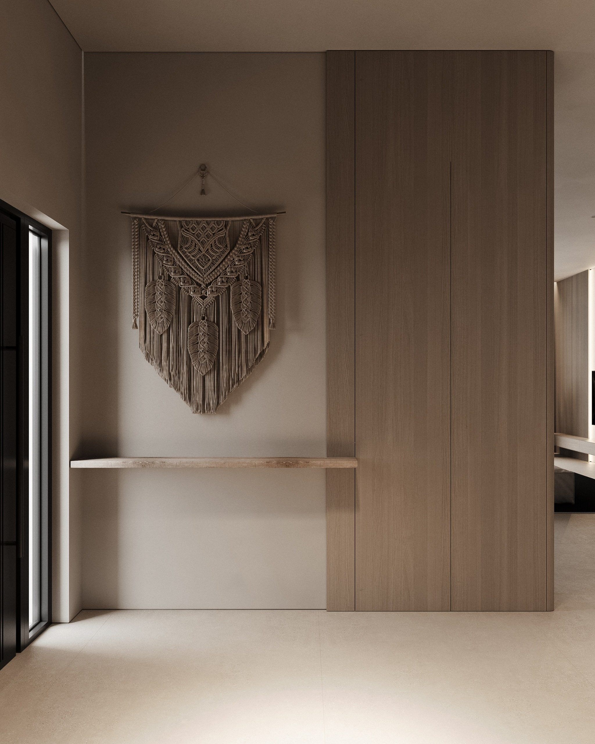 Bedroom with macramé wall hanging, timber panels and recessed shelf