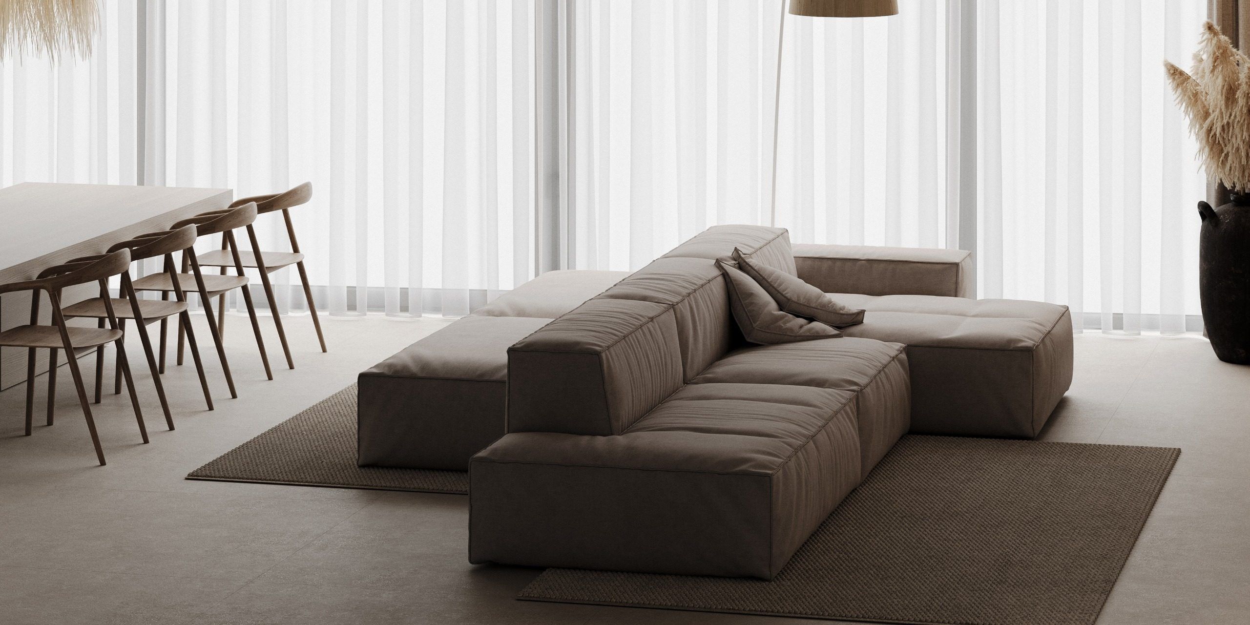 Minimalist modular sofa with timber wall paneling