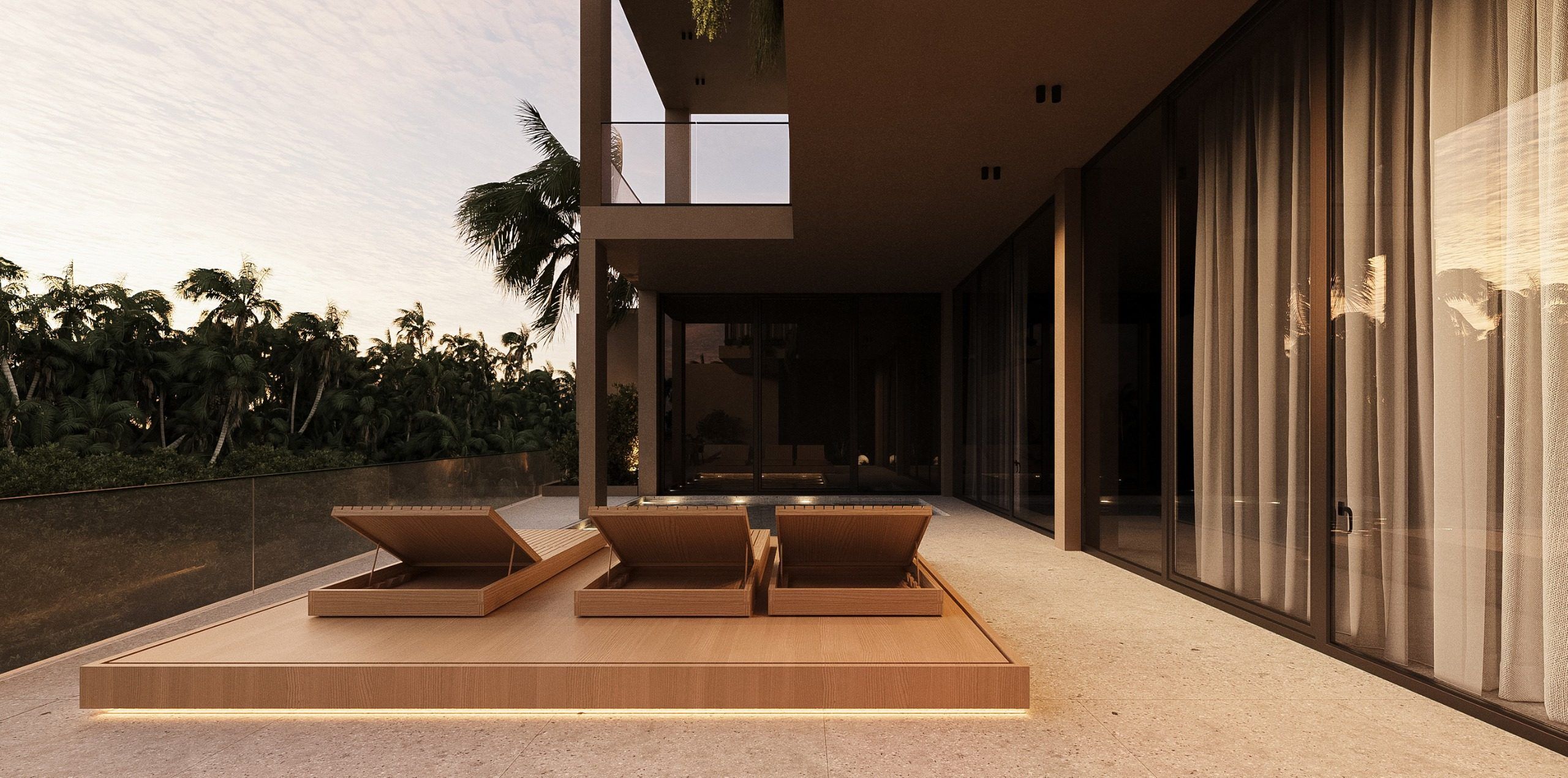 Terrace with minimalist seating and panoramic glazing