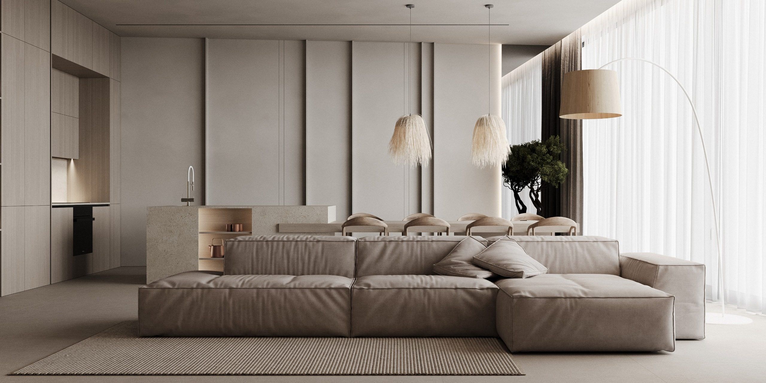 Bedroom with upholstered seating, built-in niches and textured wall panels