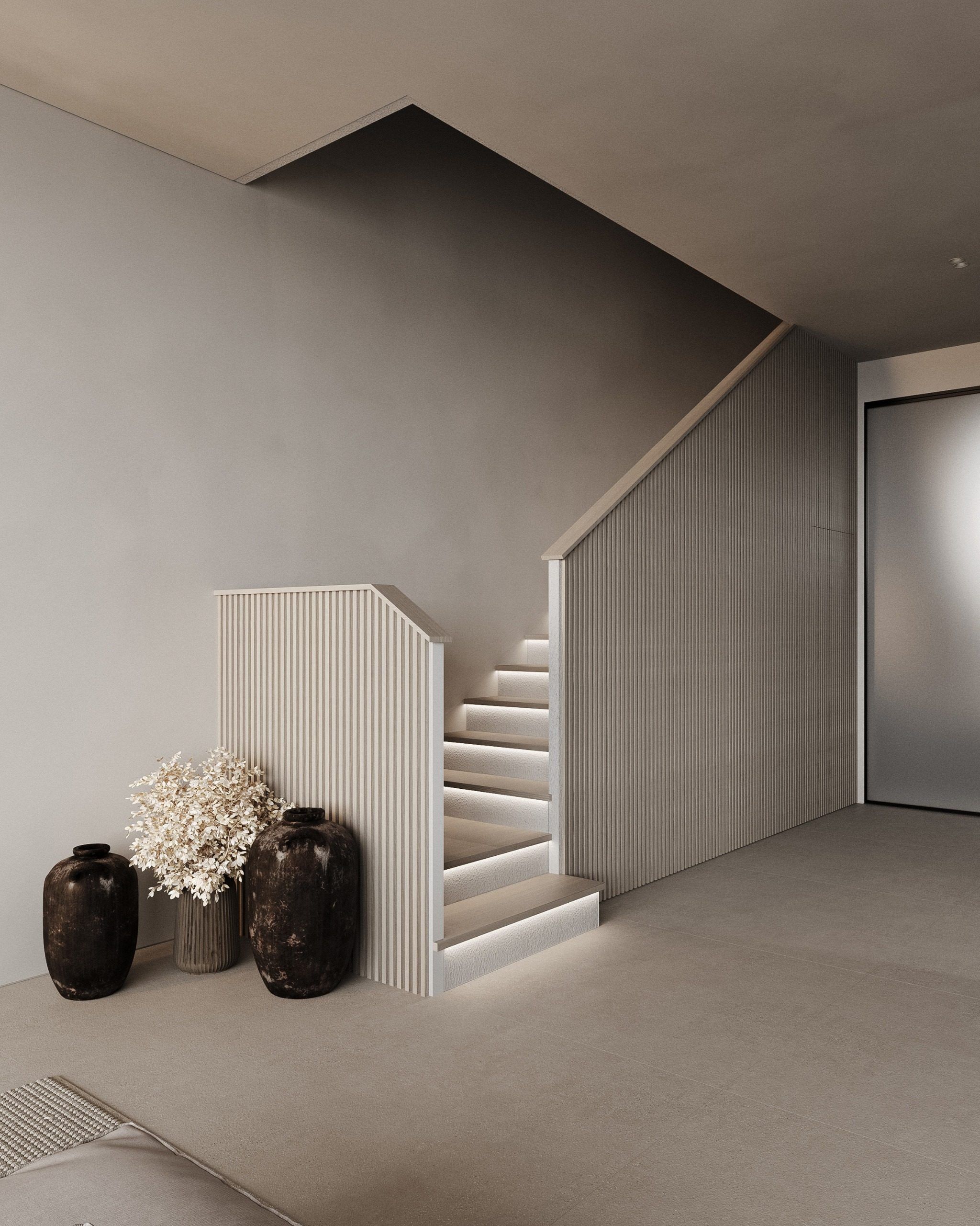 Entrance staircase with ribbed panels and ceramic vessels by the door
