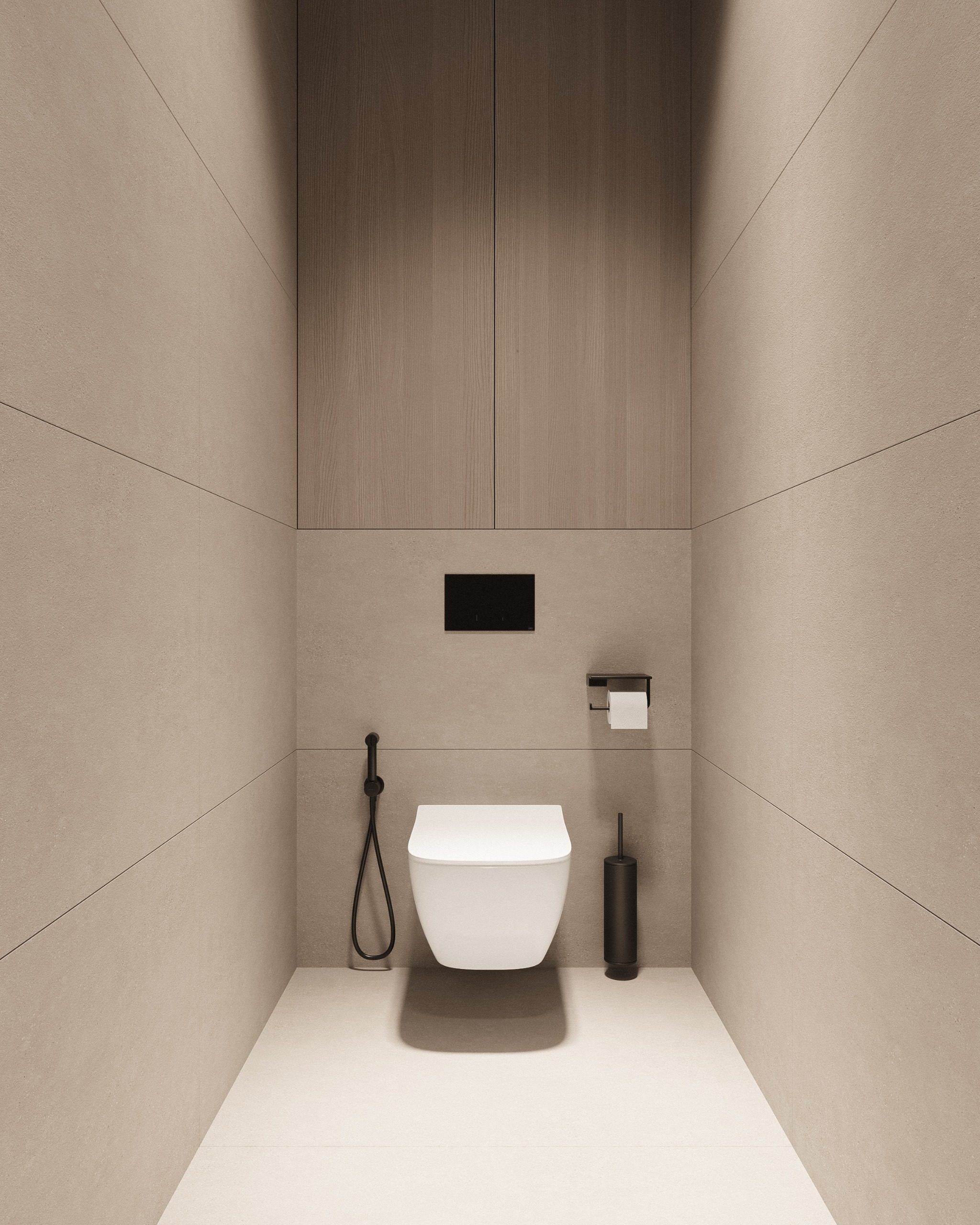 Compact bathroom with white fixtures and timber wall cladding