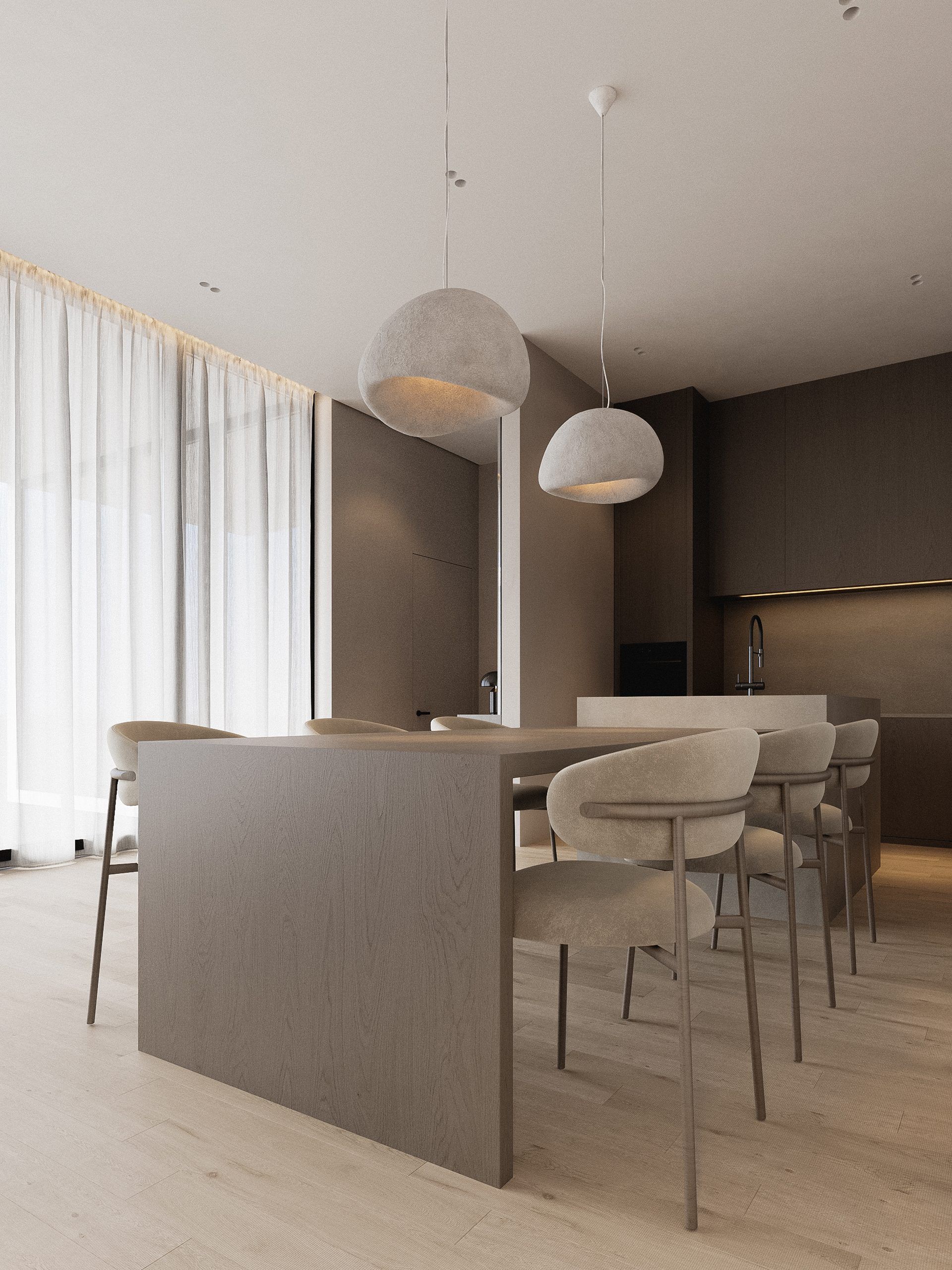 Kitchen-dining with wood island facade and pendant lights