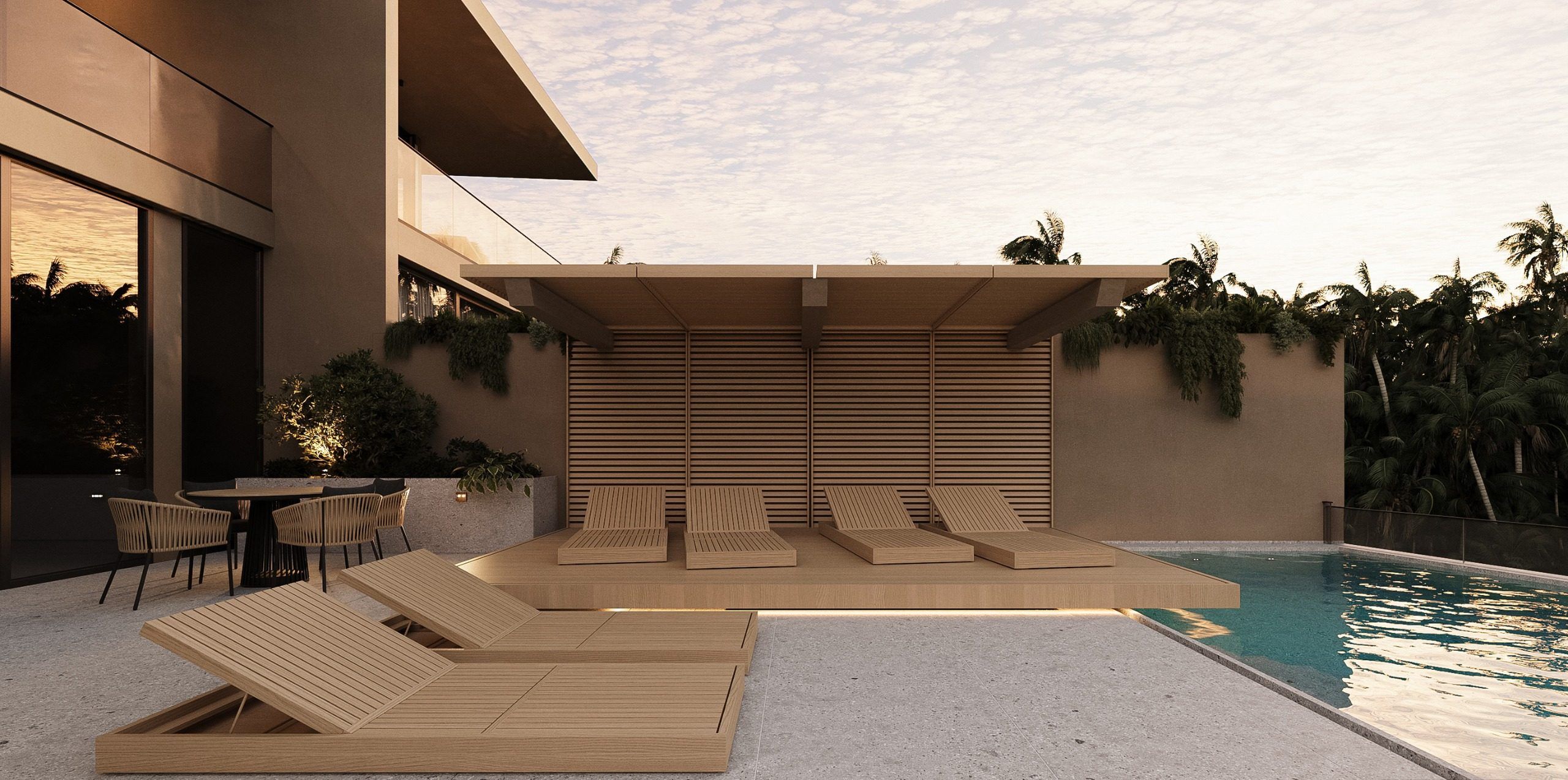 Open terrace with chair, plants and pool area