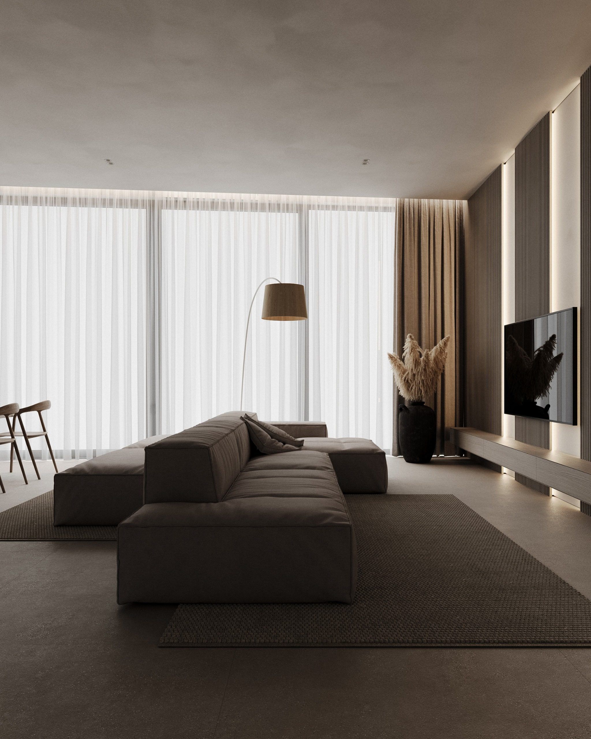 Living room with modular sofa, floor lamp and panoramic windows