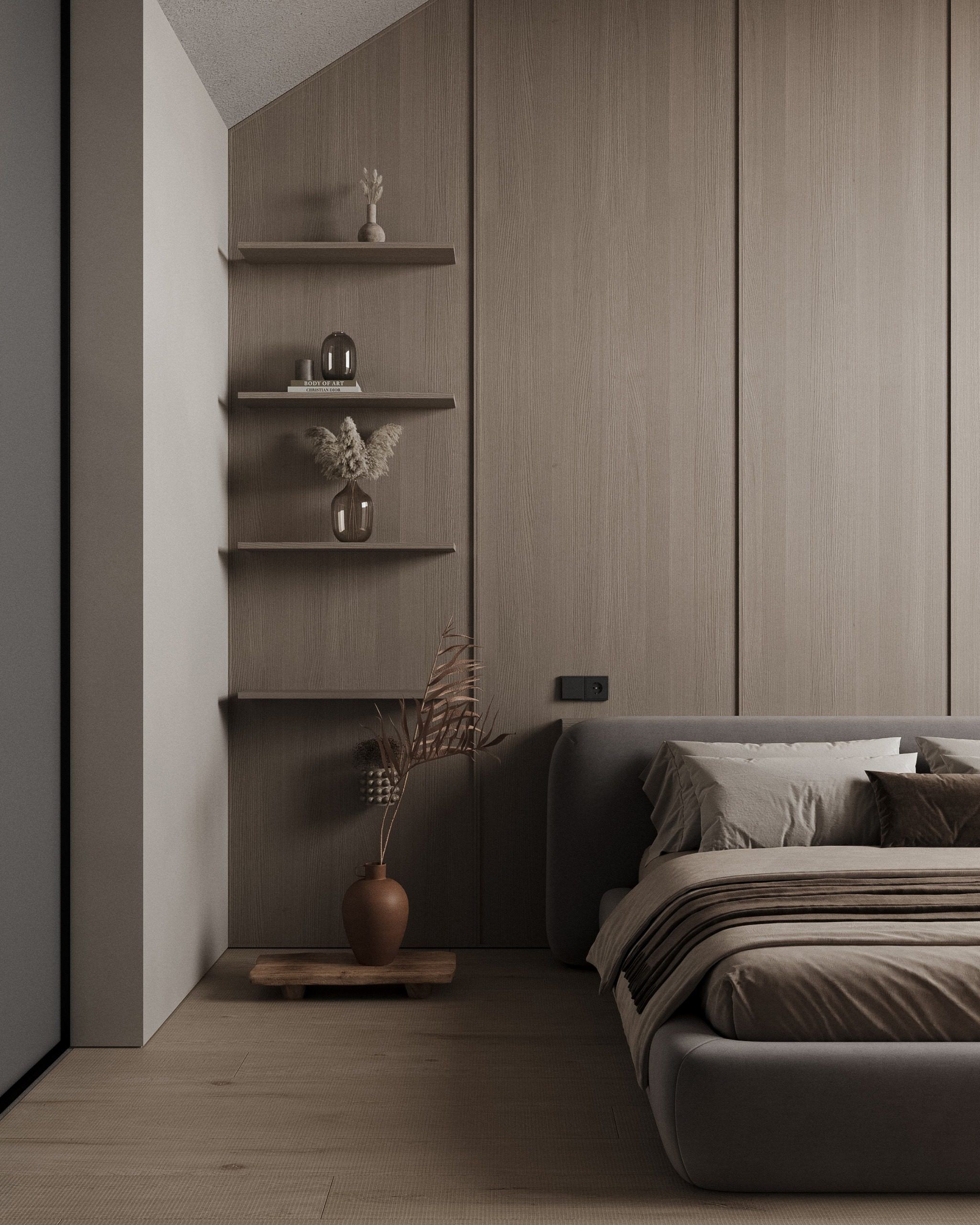 Sleeping nook with open shelving and textured wood wall