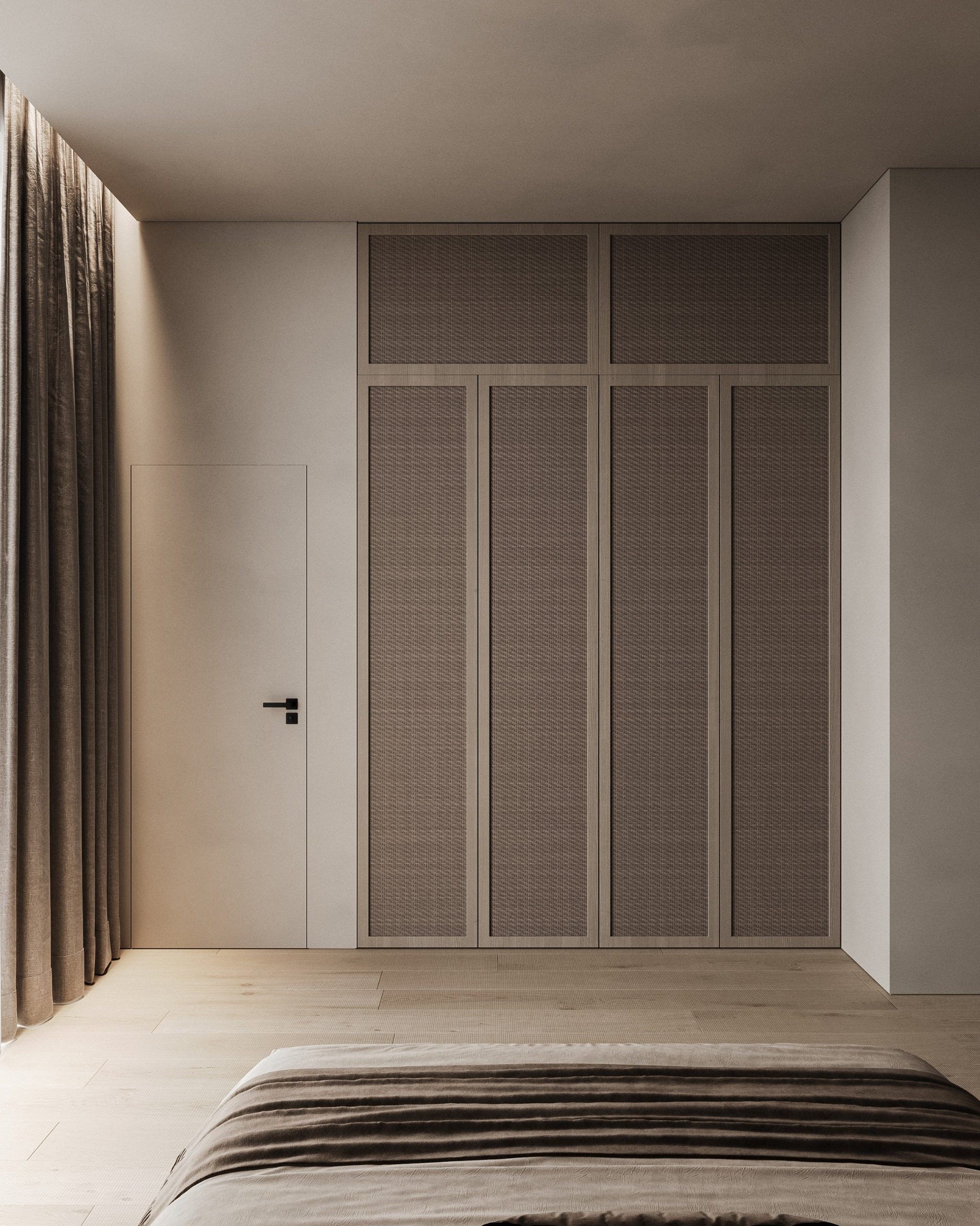 Bedroom with textile curtains and built-in light wood cabinetry