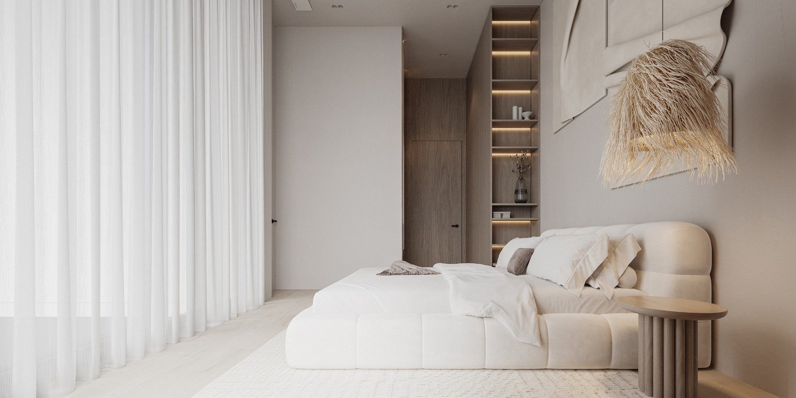 Bedroom with bed, light curtains and woven hanging light