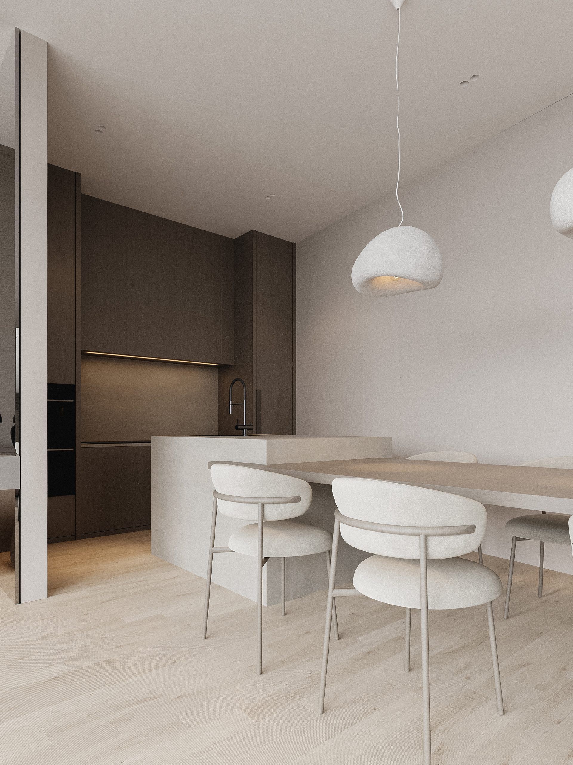 Dining area with wooden table, white chairs and pendant light