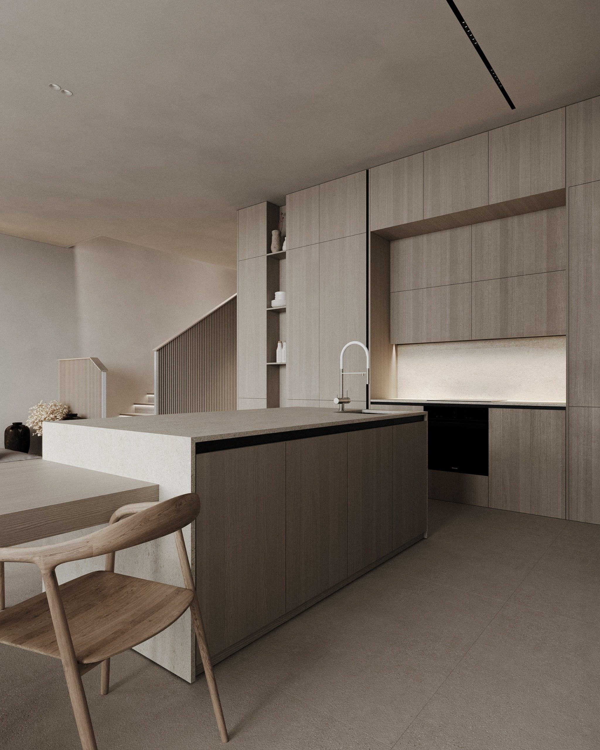 Dark kitchen island with ribbed facades and wooden flooring