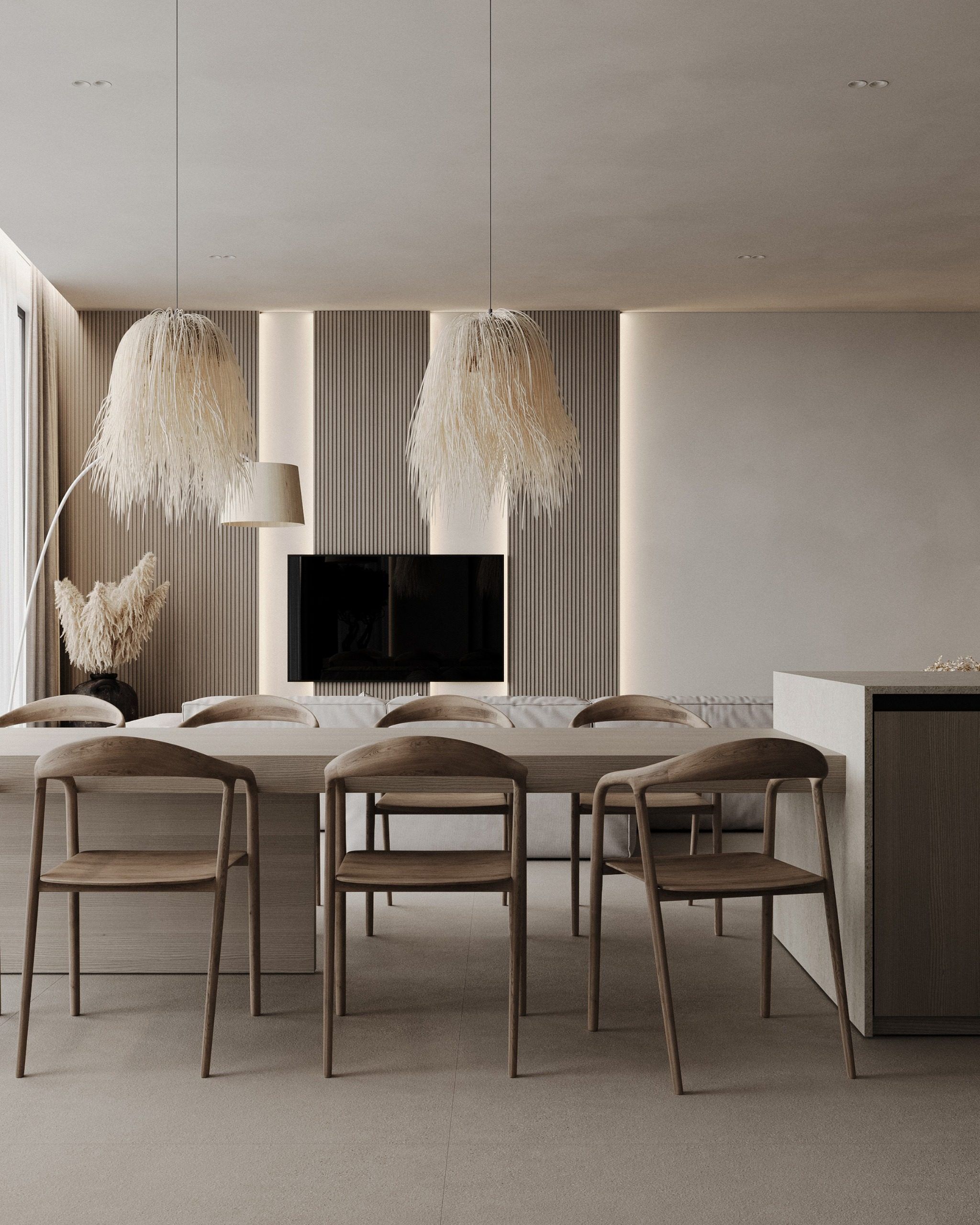 Dining area with pendant lights made from natural fibers