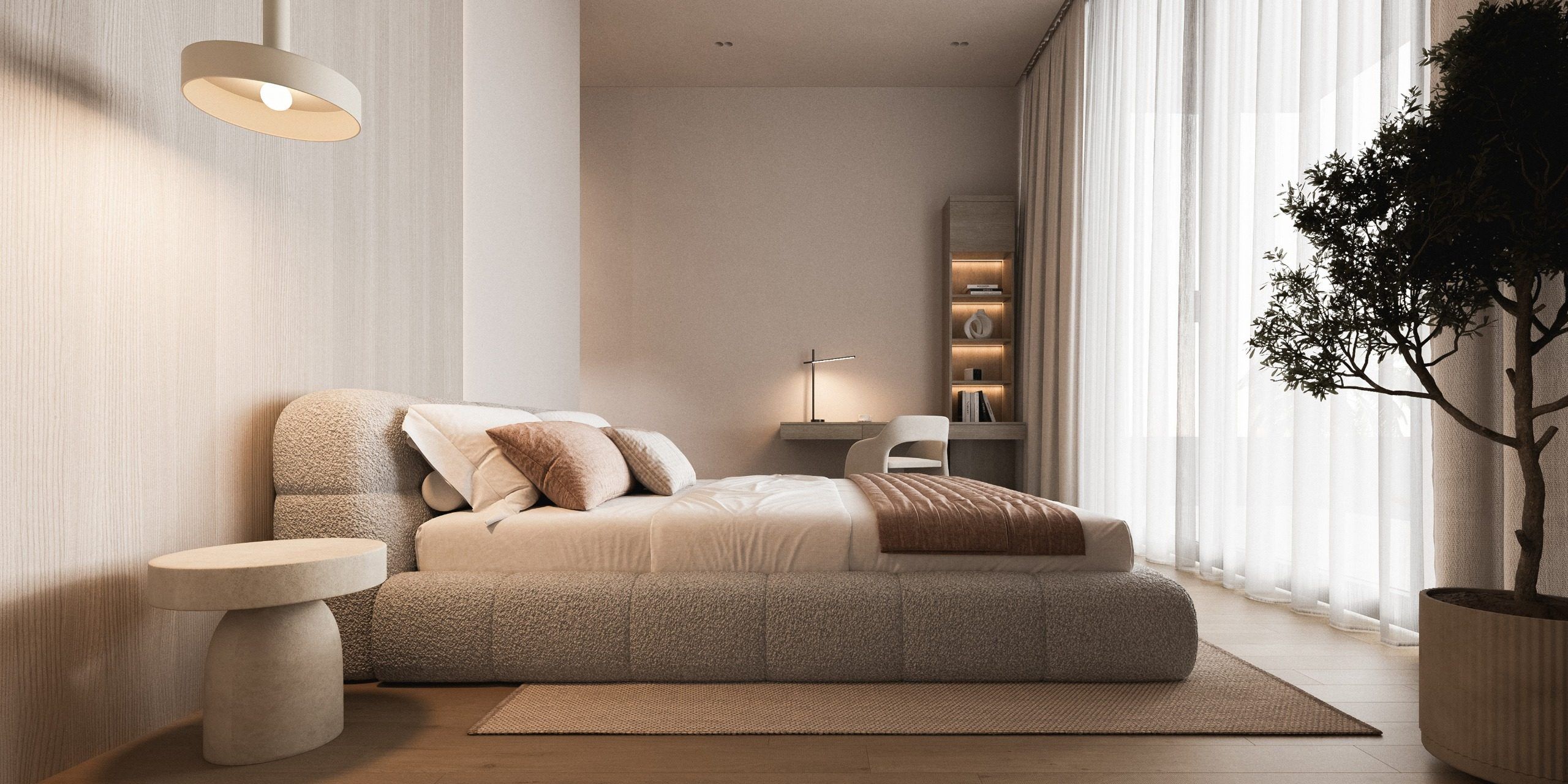 Bedroom with upholstered bed, plant and natural window light