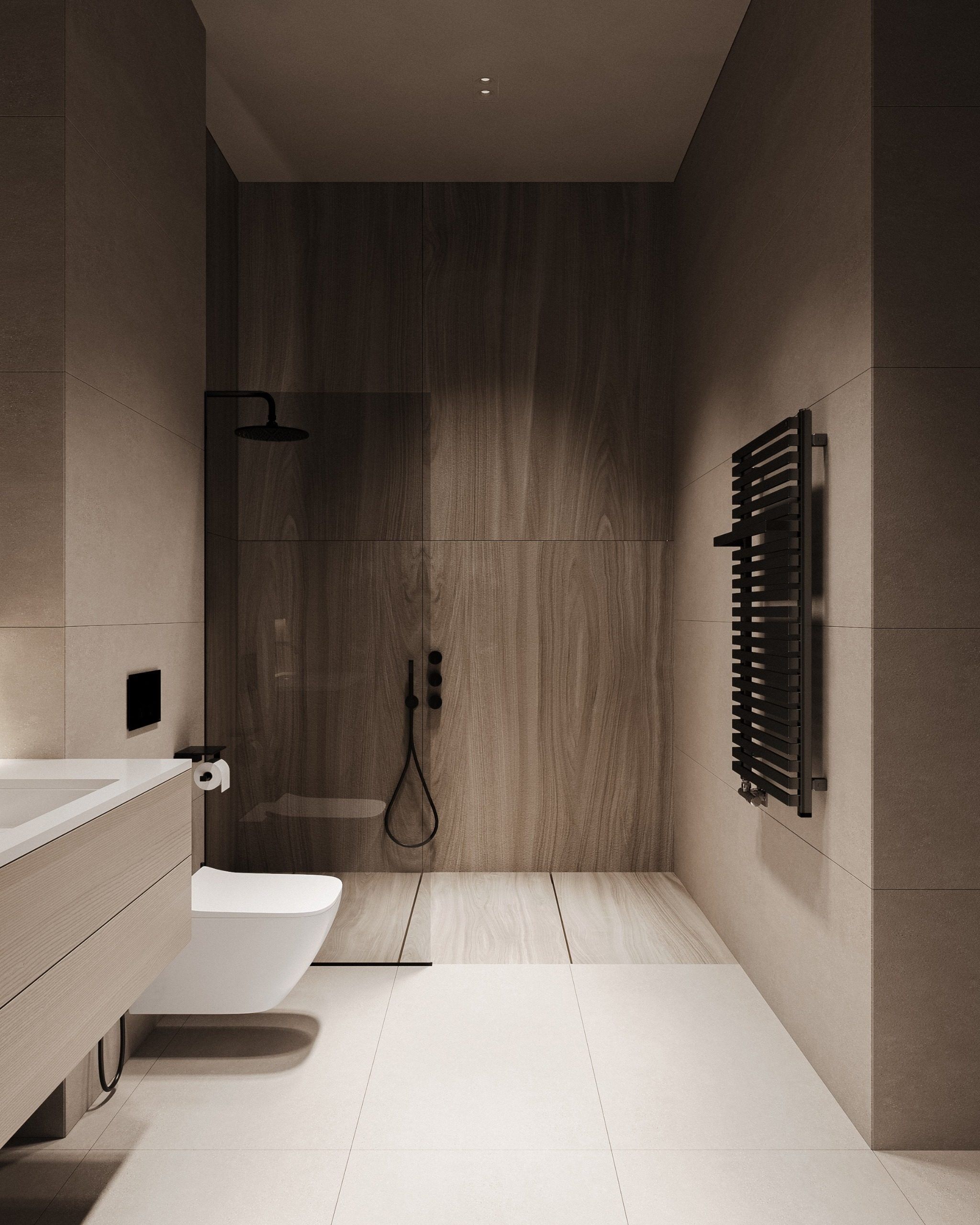 Bathroom with wood cladding and open shower