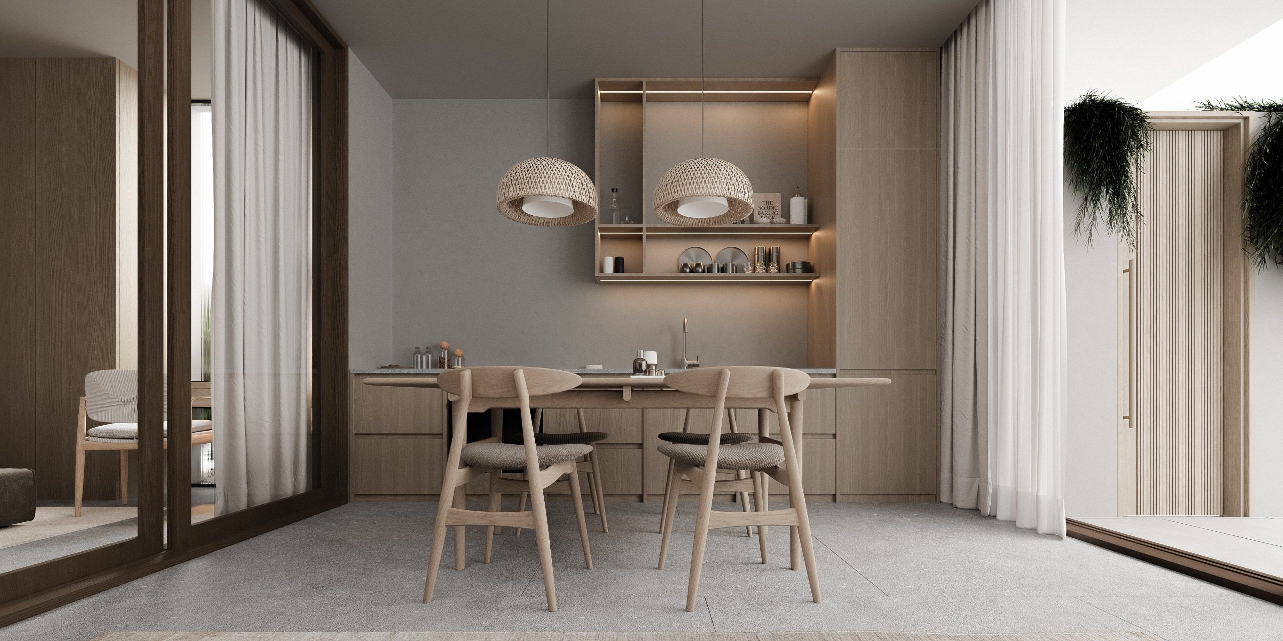 Dining area with wooden table, chairs and backlit wall shelving