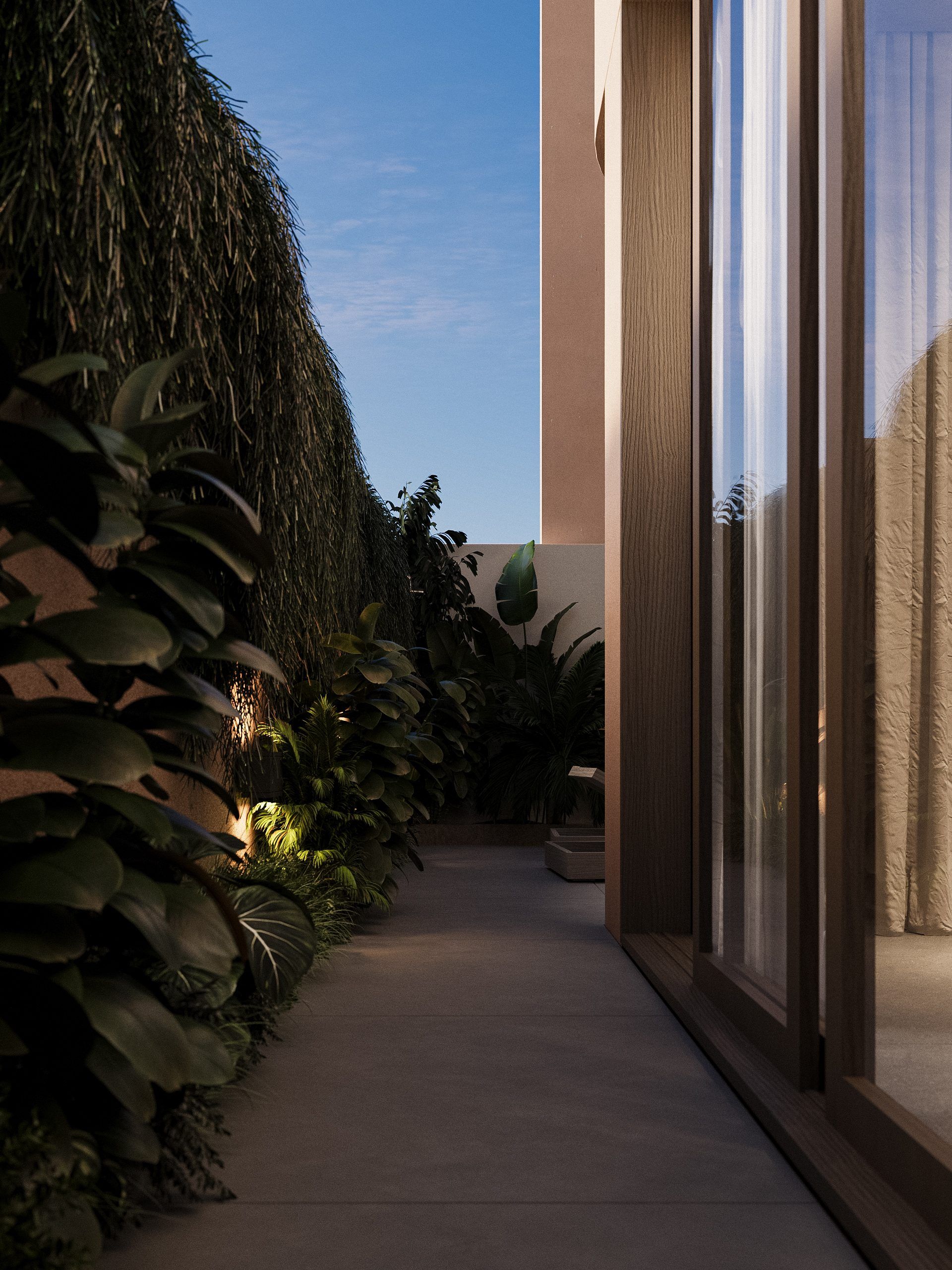 Passage between high walls with tropical plants and soft diffused light