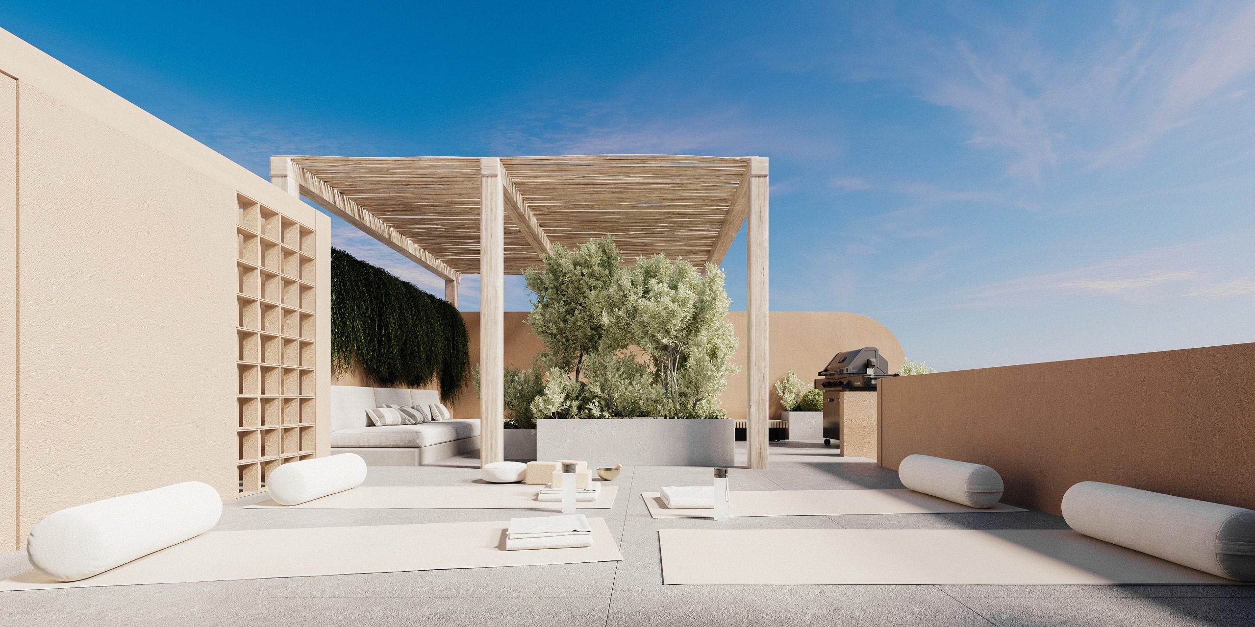 Patio with wooden pergola, hedge screening and open sky