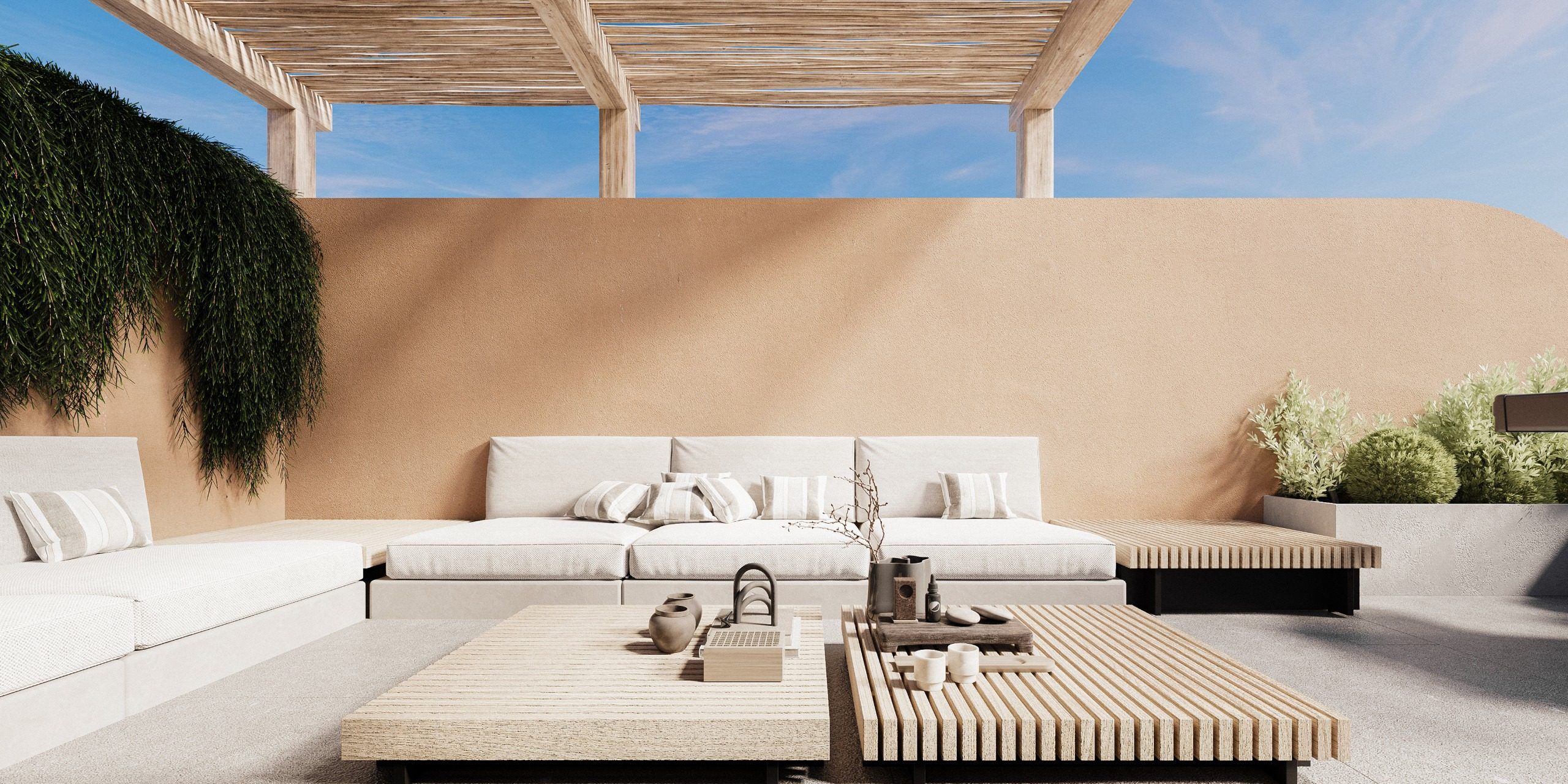 Terrace with wooden canopy, olive tree and potted low vegetation
