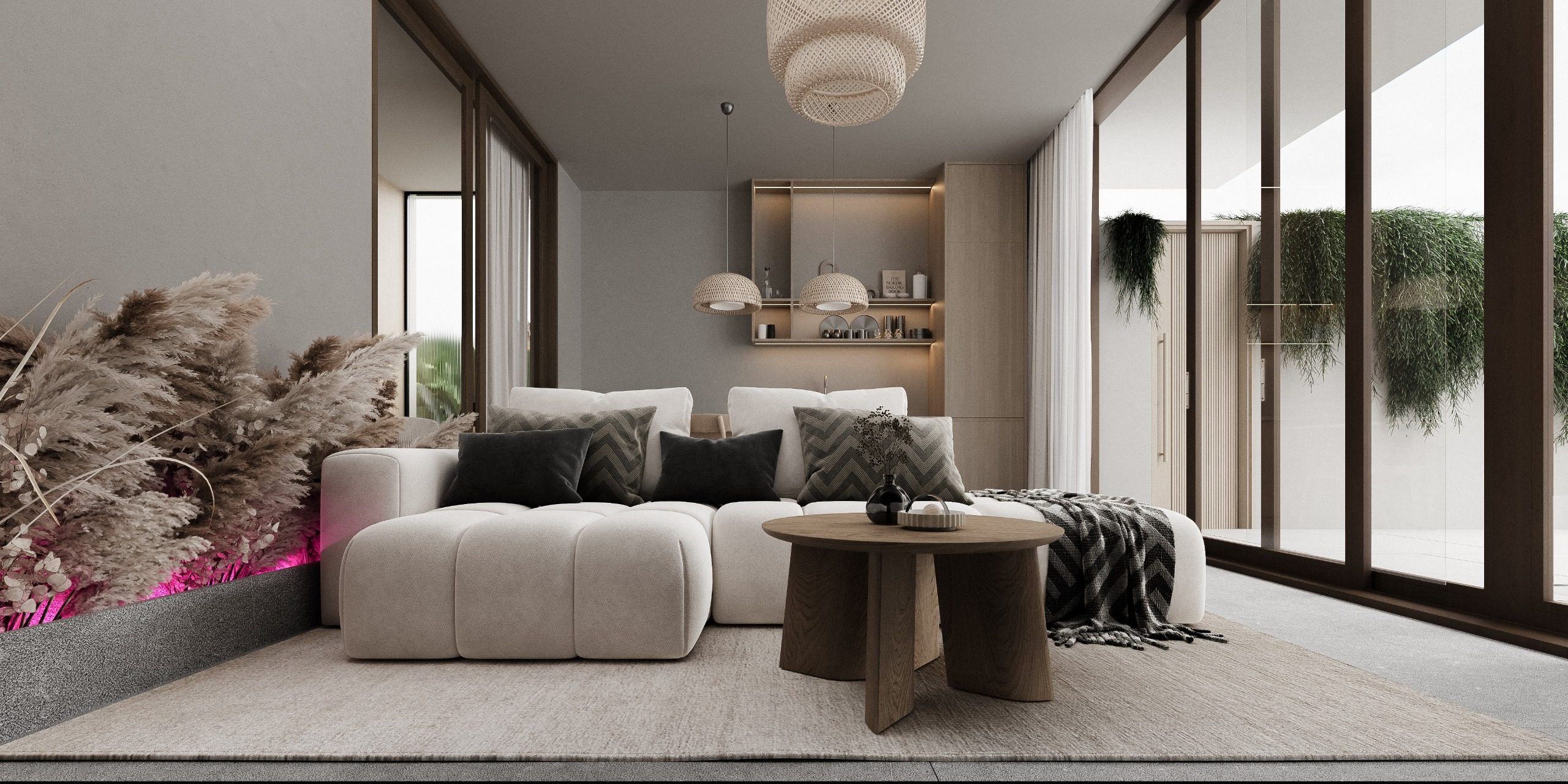 Living room with modular sofa, floor-to-ceiling windows and plants