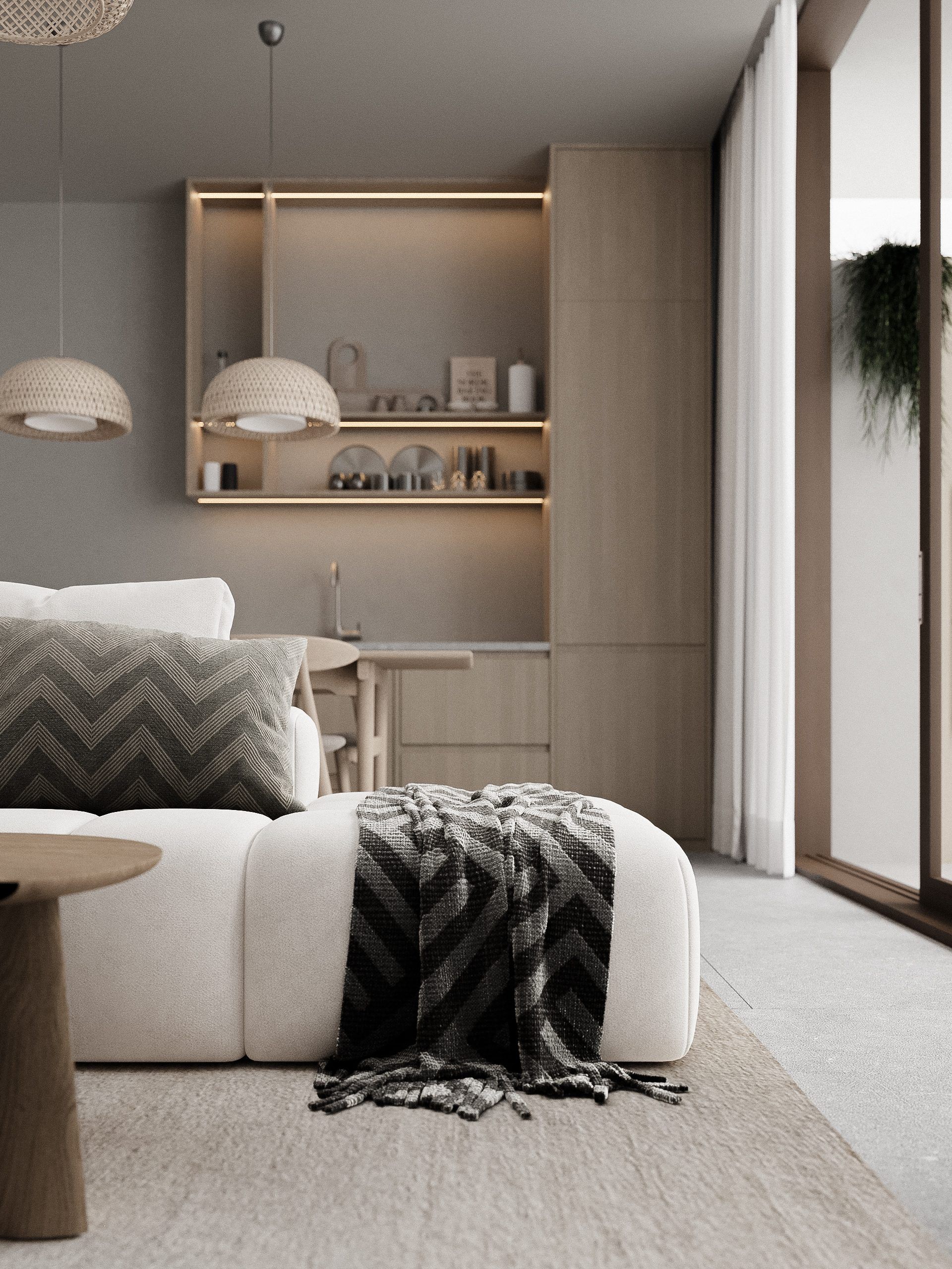 Sleeping area with wooden wall niche, built-in shelves and upholstered headboard