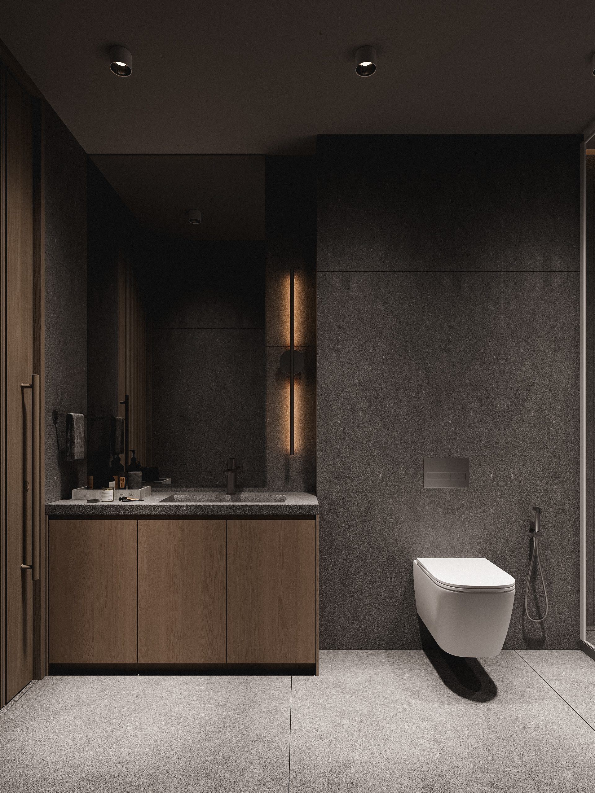 Bathroom with dark finish, wooden vanity and wall-mounted toilet