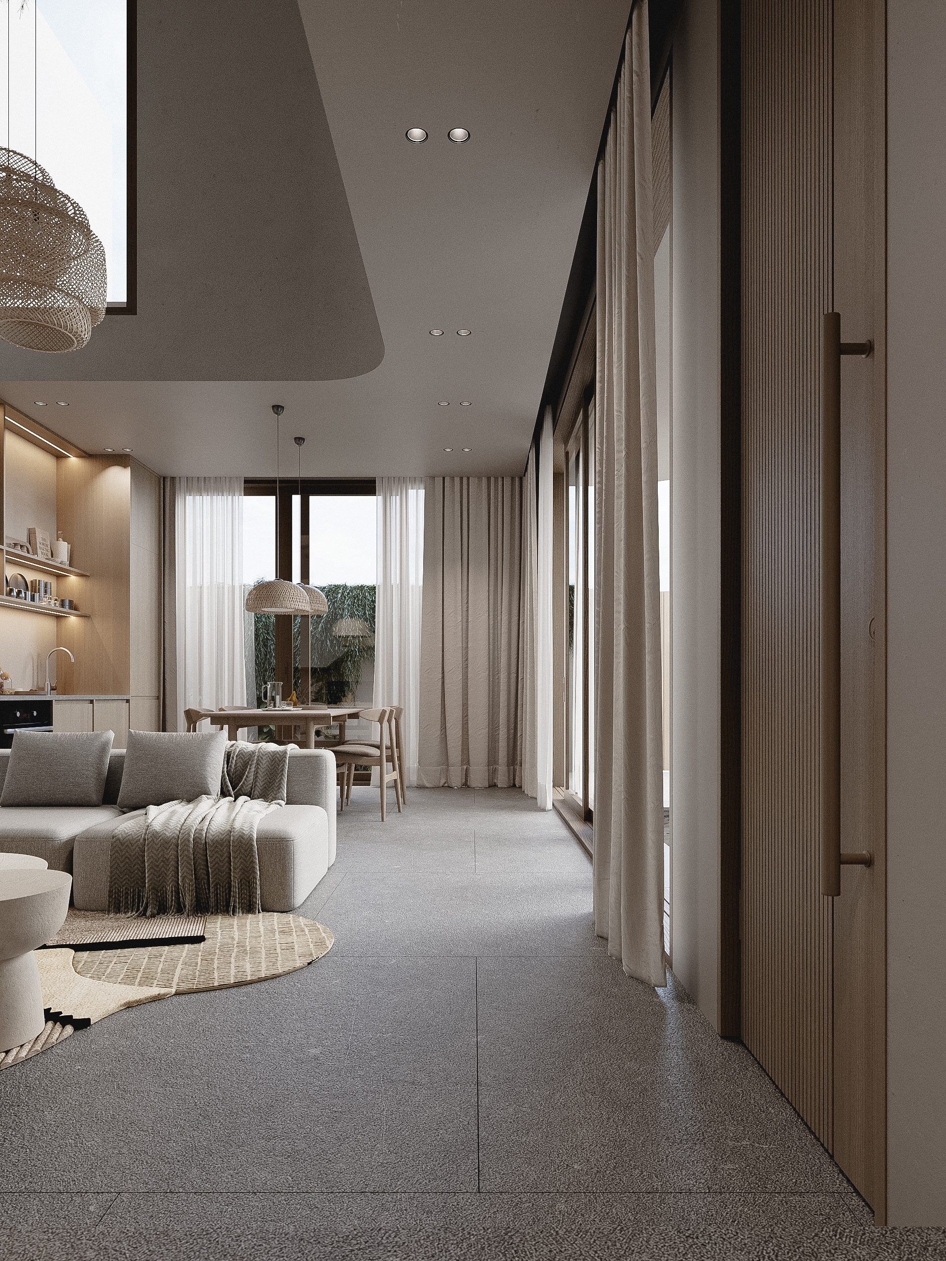 Residential corridor with curved wall and panoramic windows