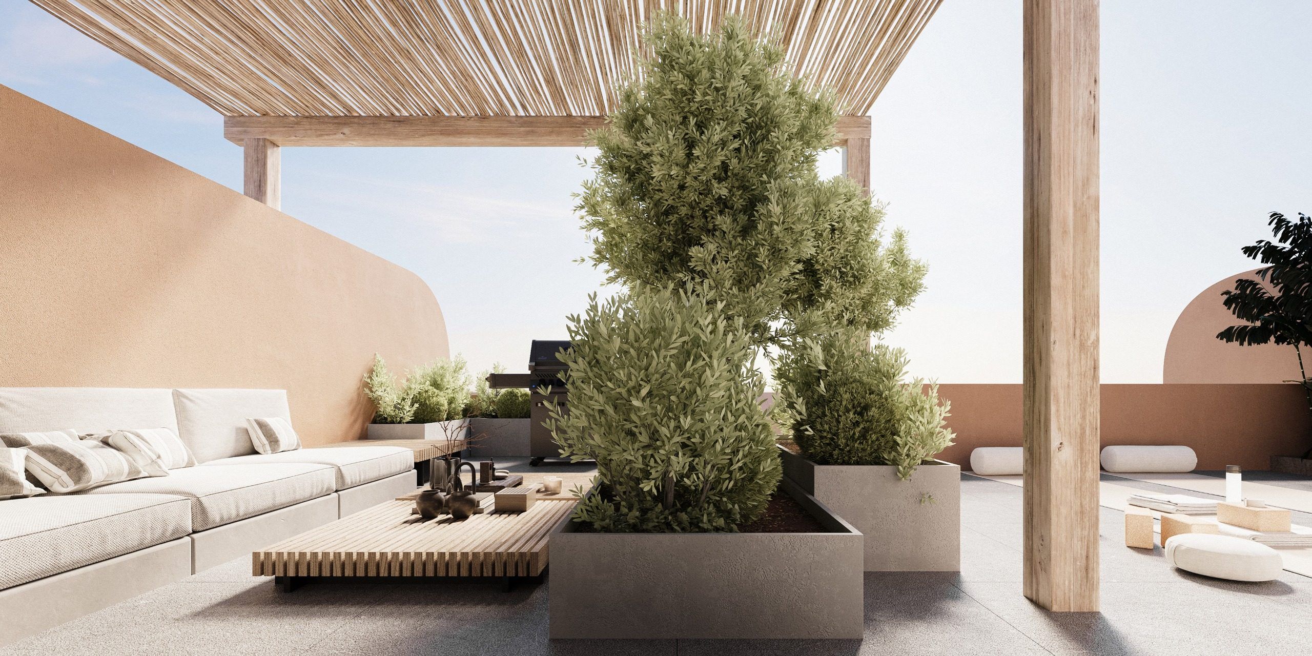 Living terrace with natural plants and geometric garden composition