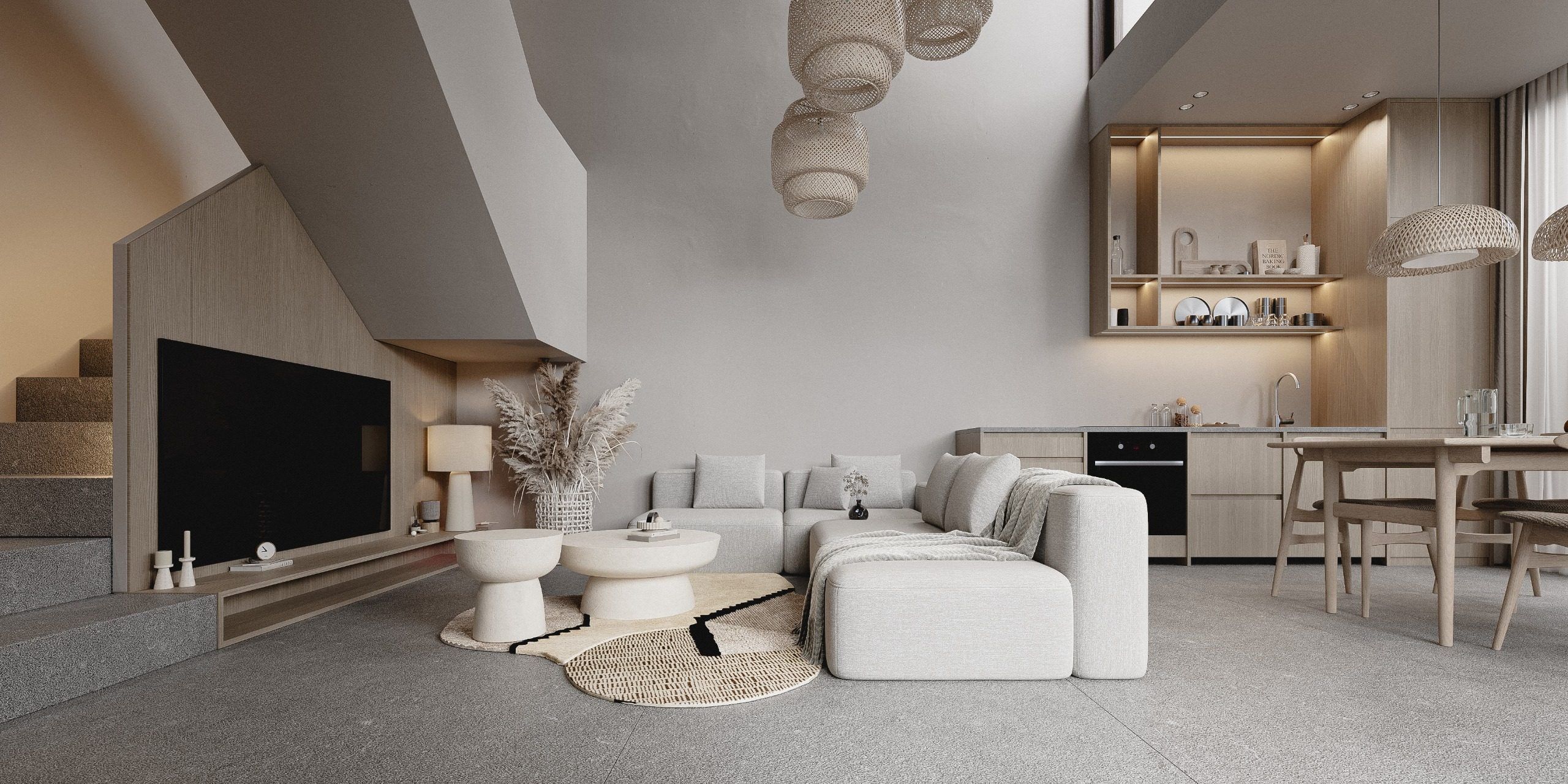Open-plan living room with curved ceiling and soft furnishings