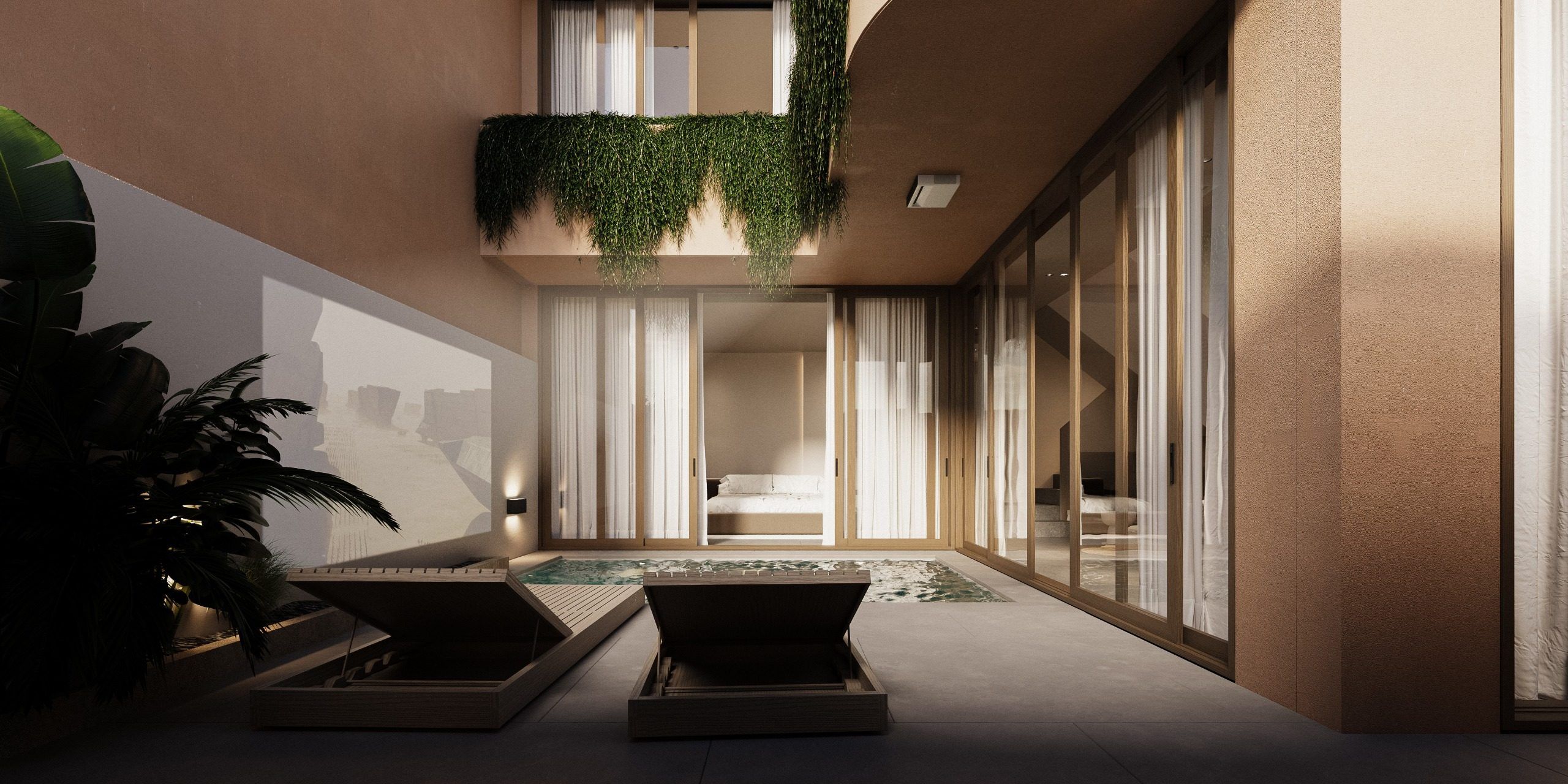 Interior courtyard with semi-shaded area and suspended plants