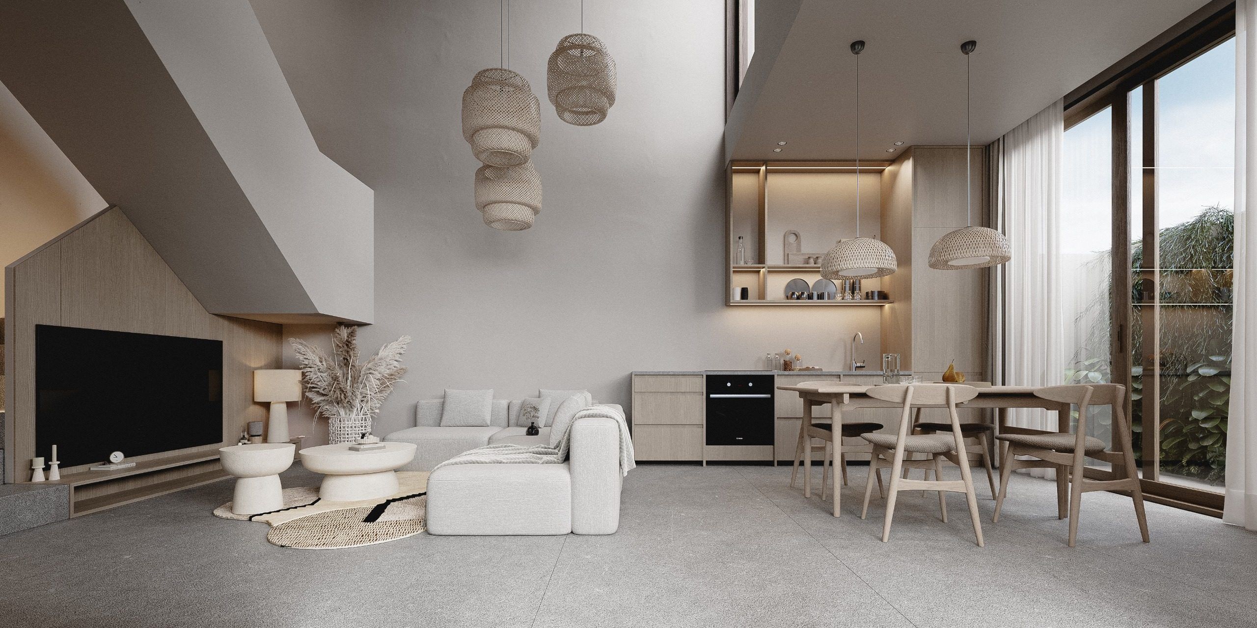 Combined living and kitchen space with architectural ceiling and kitchen area