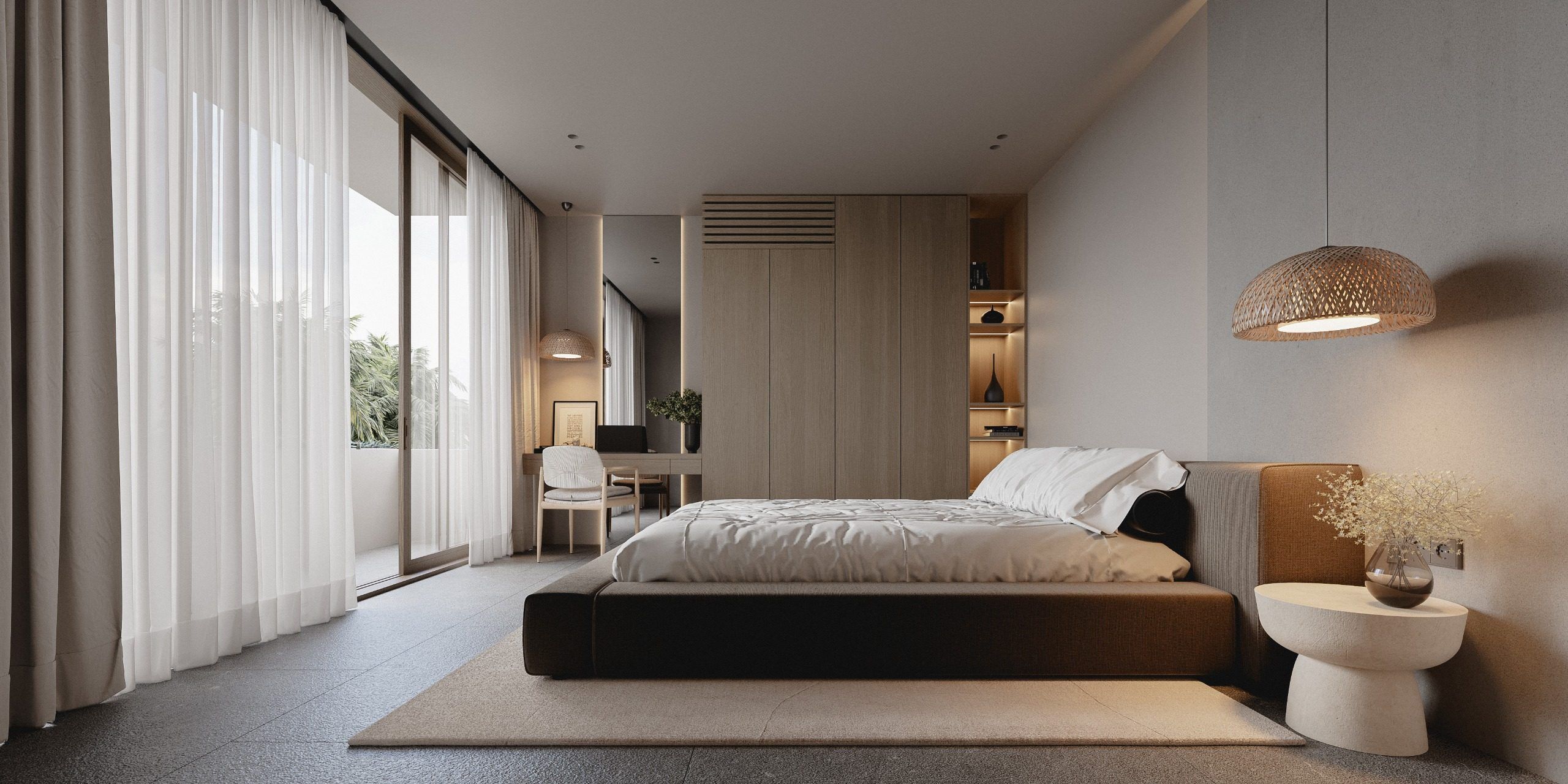 Bedroom with overhead light, wood finish and recessed bedside niche