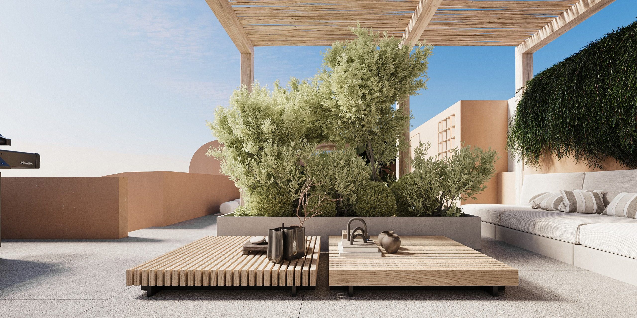 Interior garden space with olive tree and wooden structure