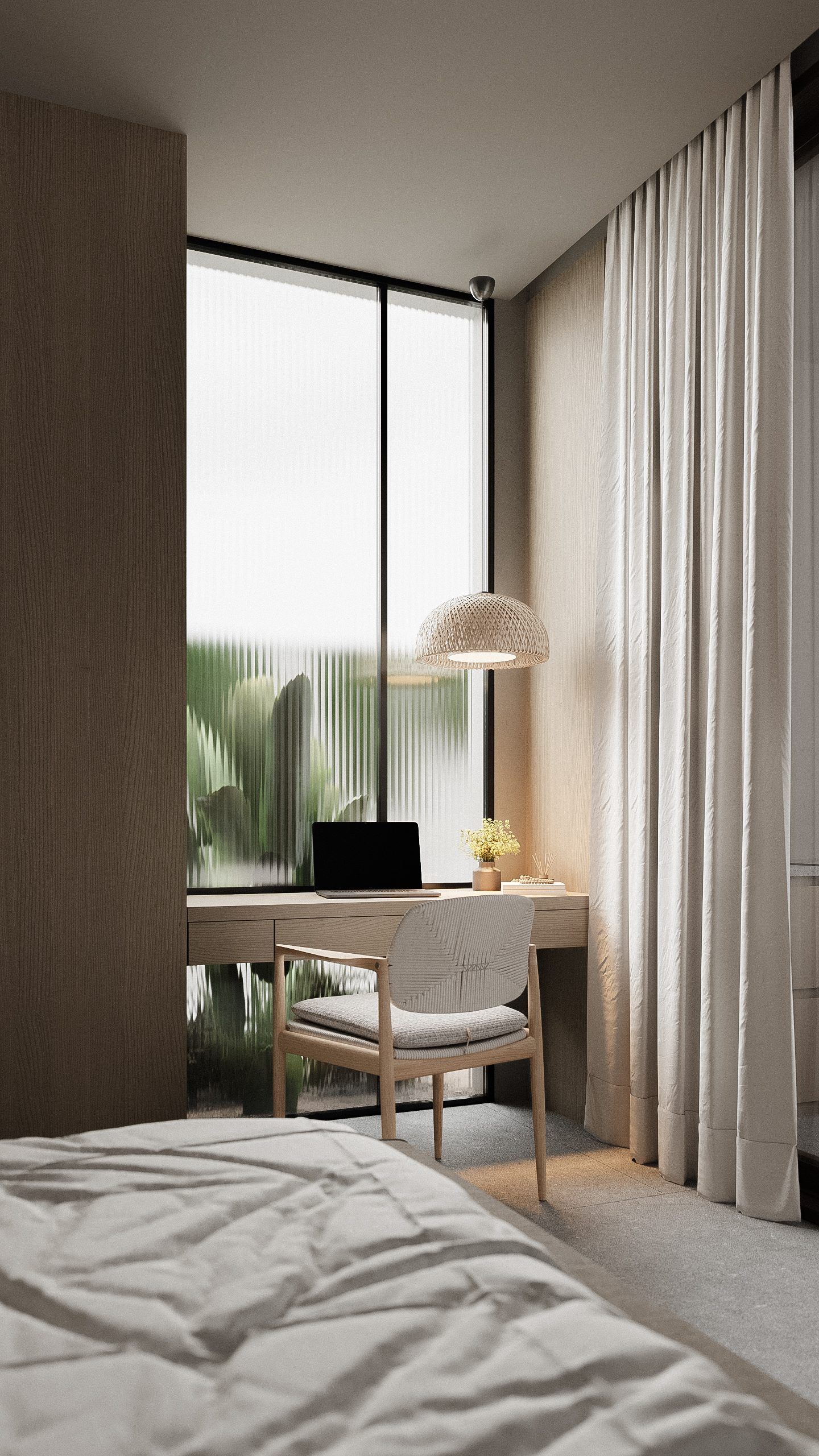 Work area by window with wooden desk and bed by partition wall