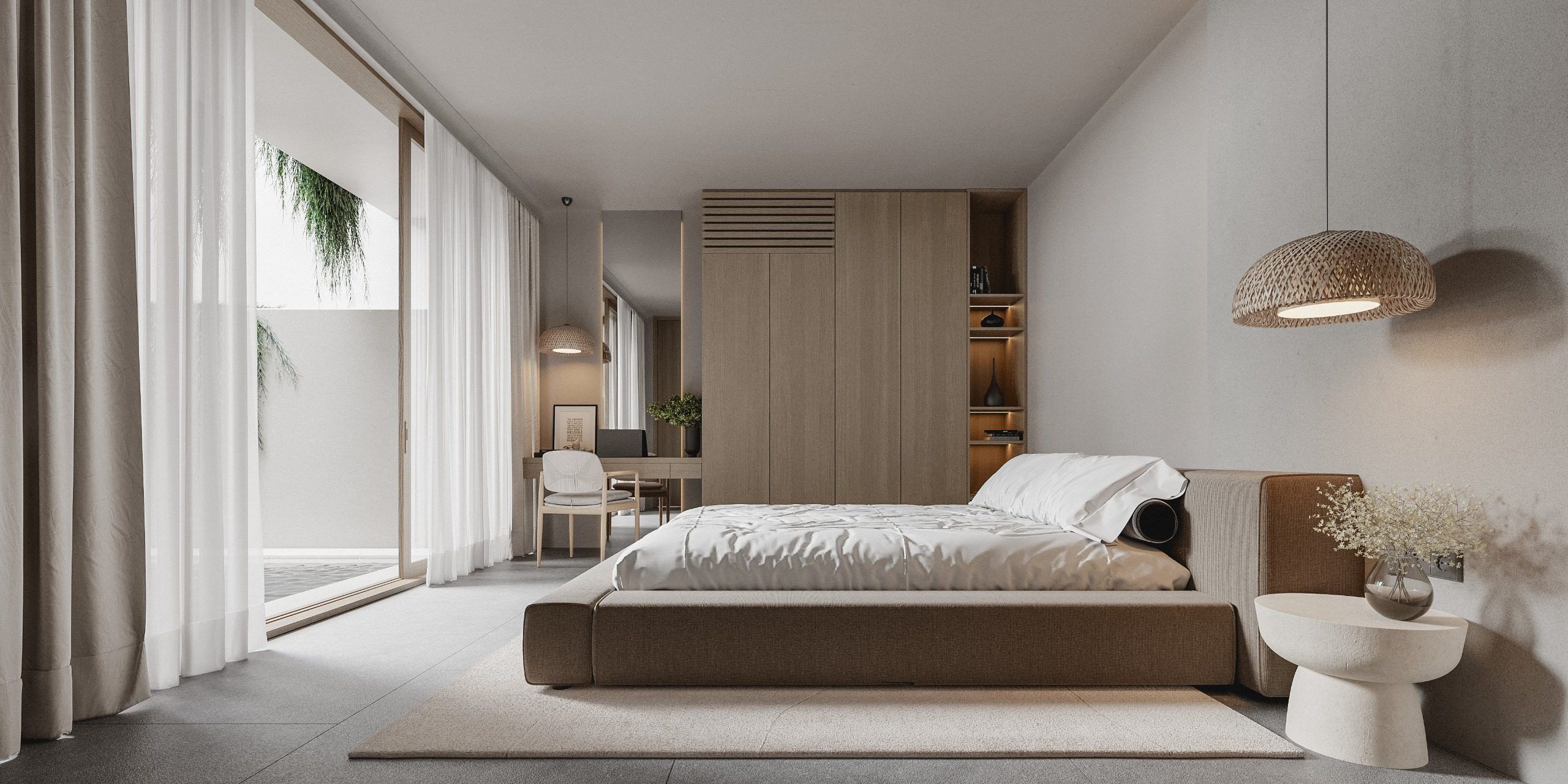 Bedroom with built-in closet, wooden furniture and private glazing