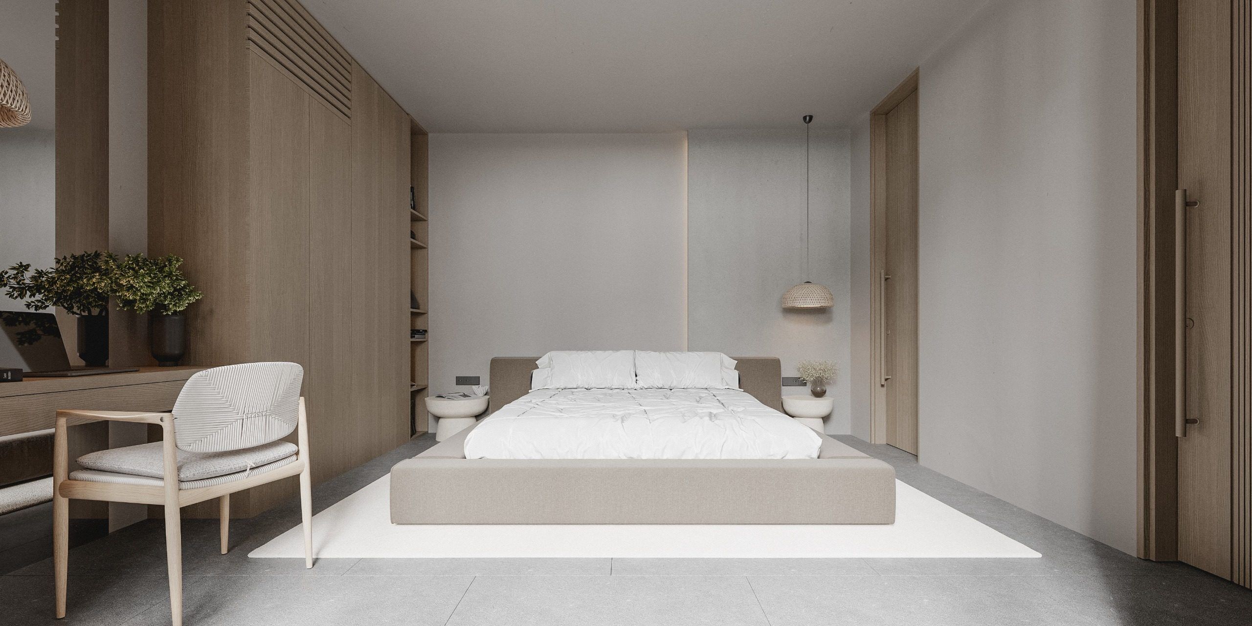Minimalist bedroom with pendant lights and built-in storage niches