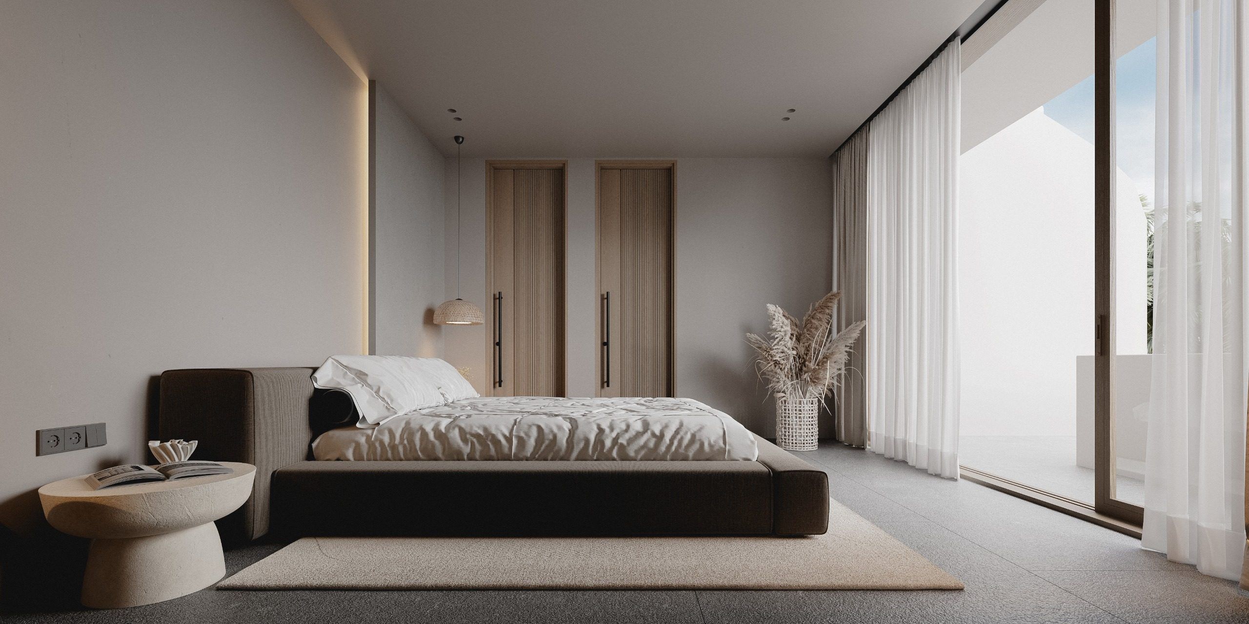 Bedroom with low platform bed, wooden wardrobes and panoramic window