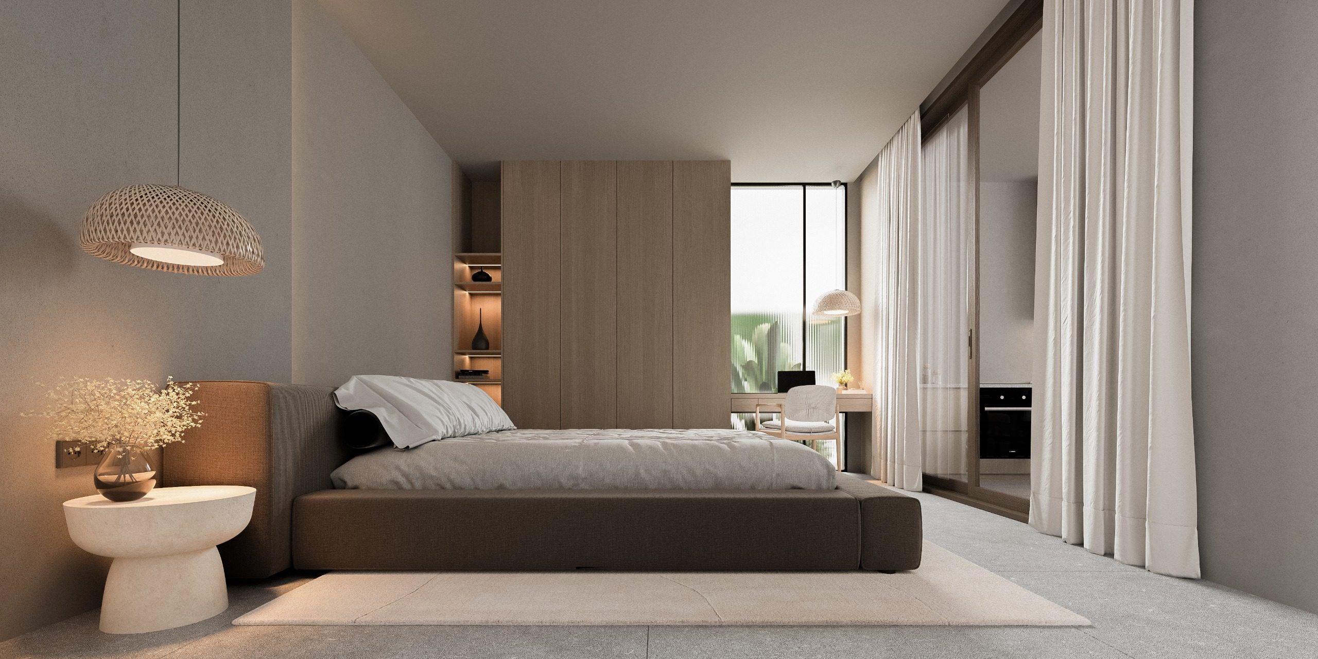 Bedroom with panoramic view, raised platform bed and side lighting