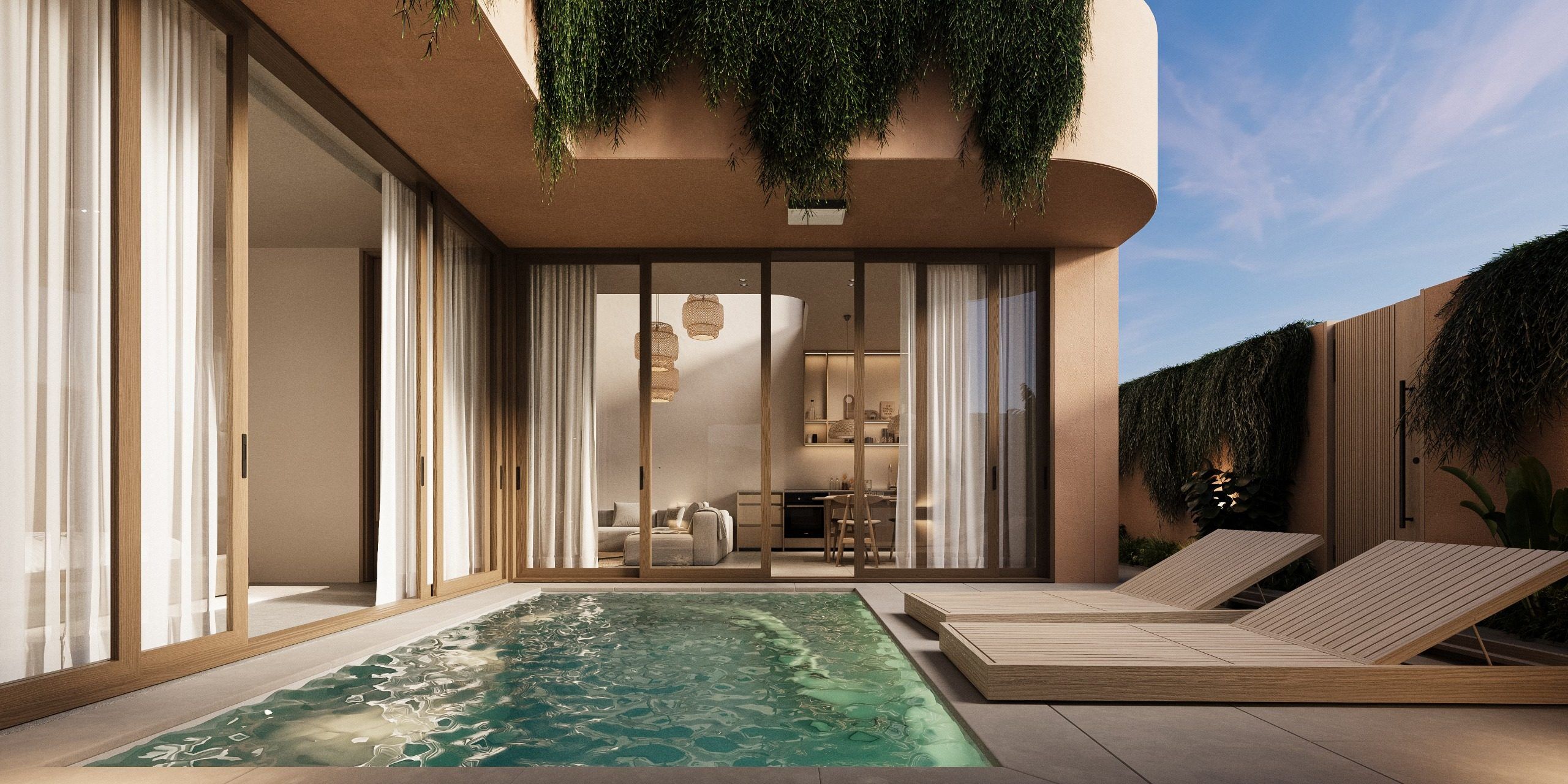 Open terrace with pool and floor-to-ceiling glazing in private residence