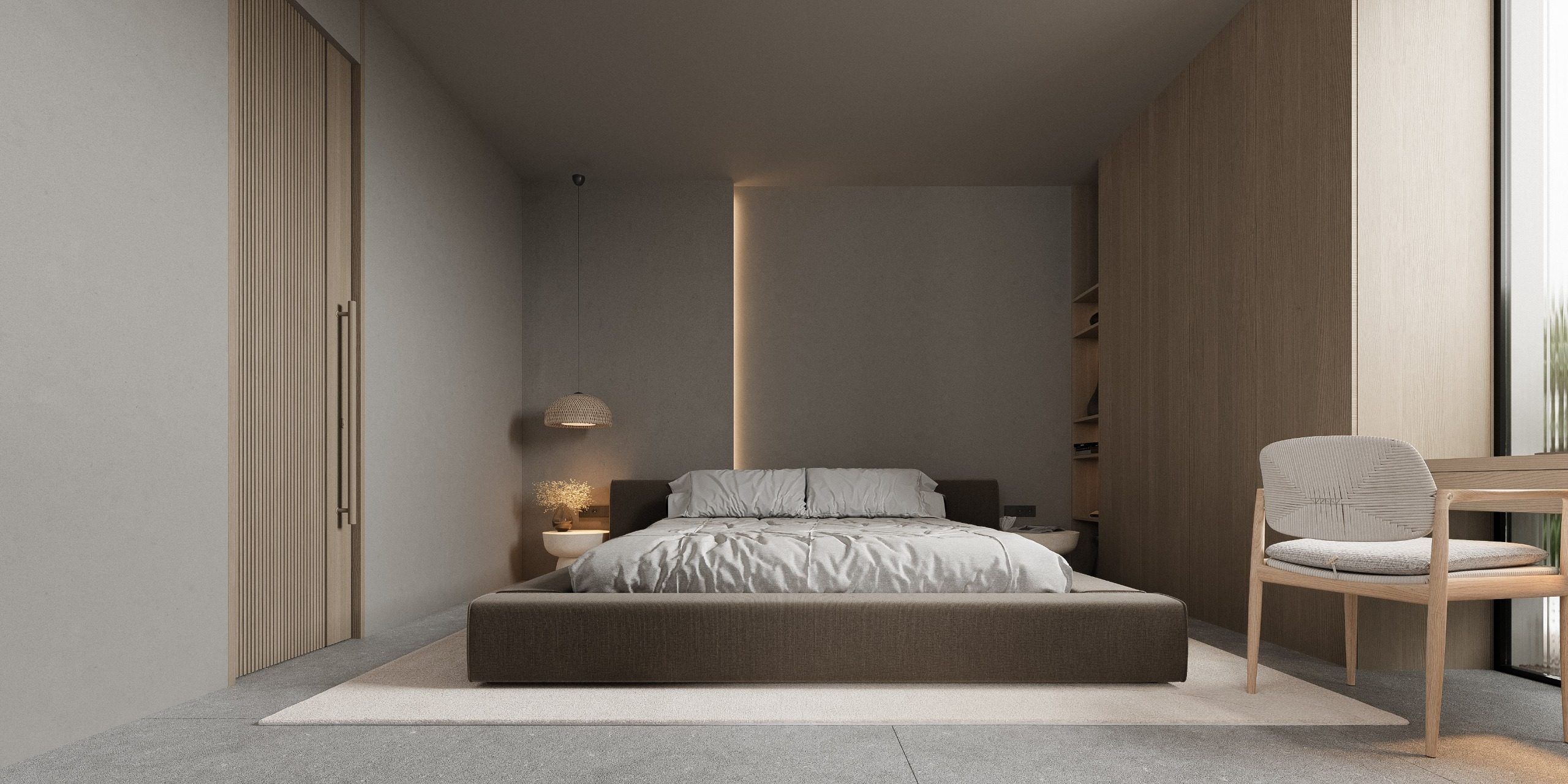 Minimalist bedroom with platform bed and light wood furnishings