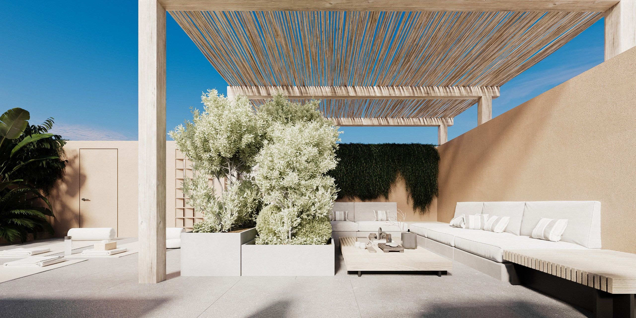 Open deck with wooden pergola, plants and built-in seating