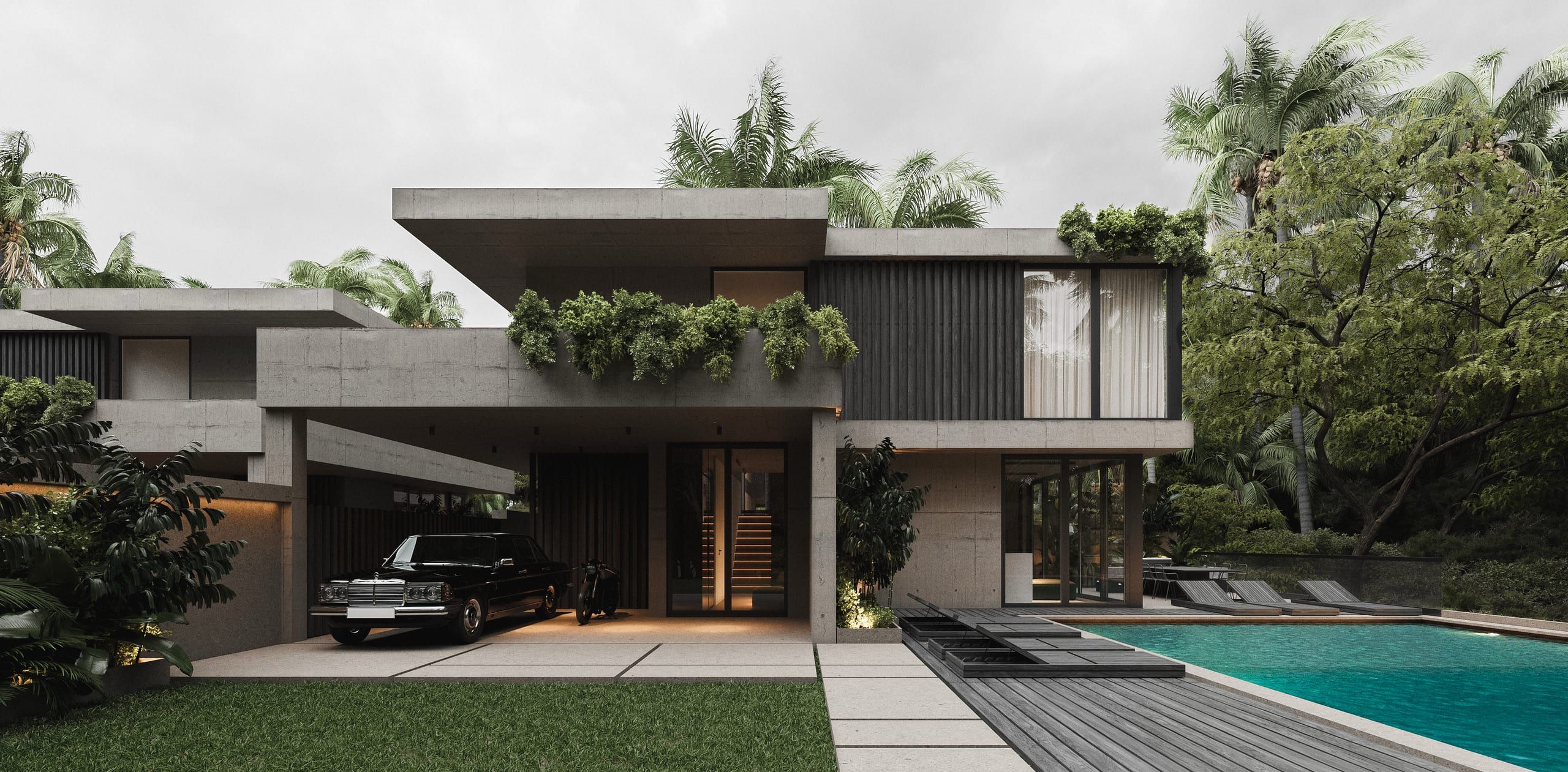 Contemporary house with pool, terrace and garage surrounded by tropical vegetation