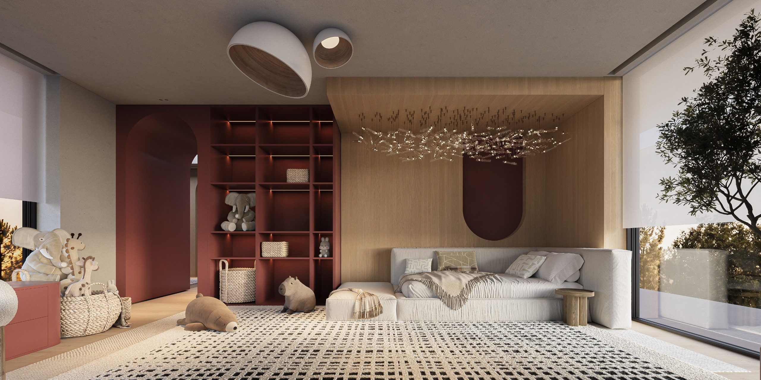 Bedroom with burgundy shelving, wood paneling and bed