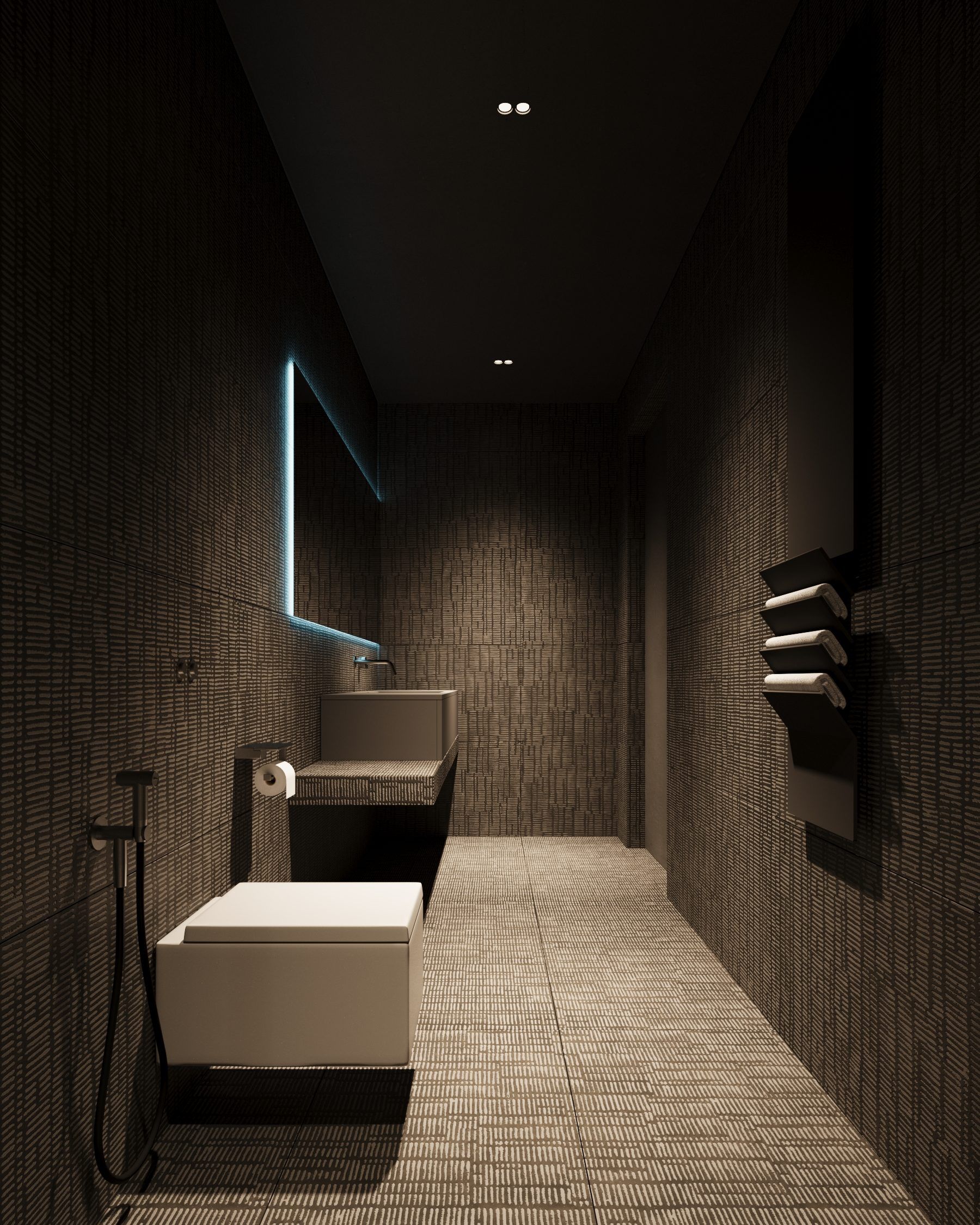 Bathroom corridor with terracotta tiles and bidet
