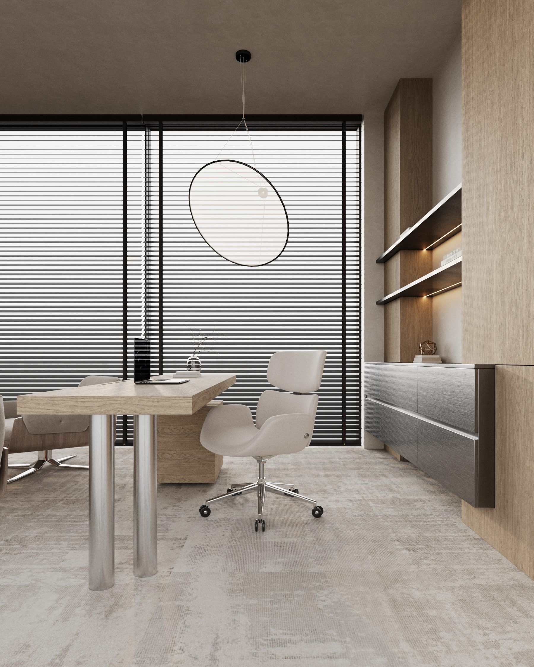 Desk by window with integrated natural wood shelving