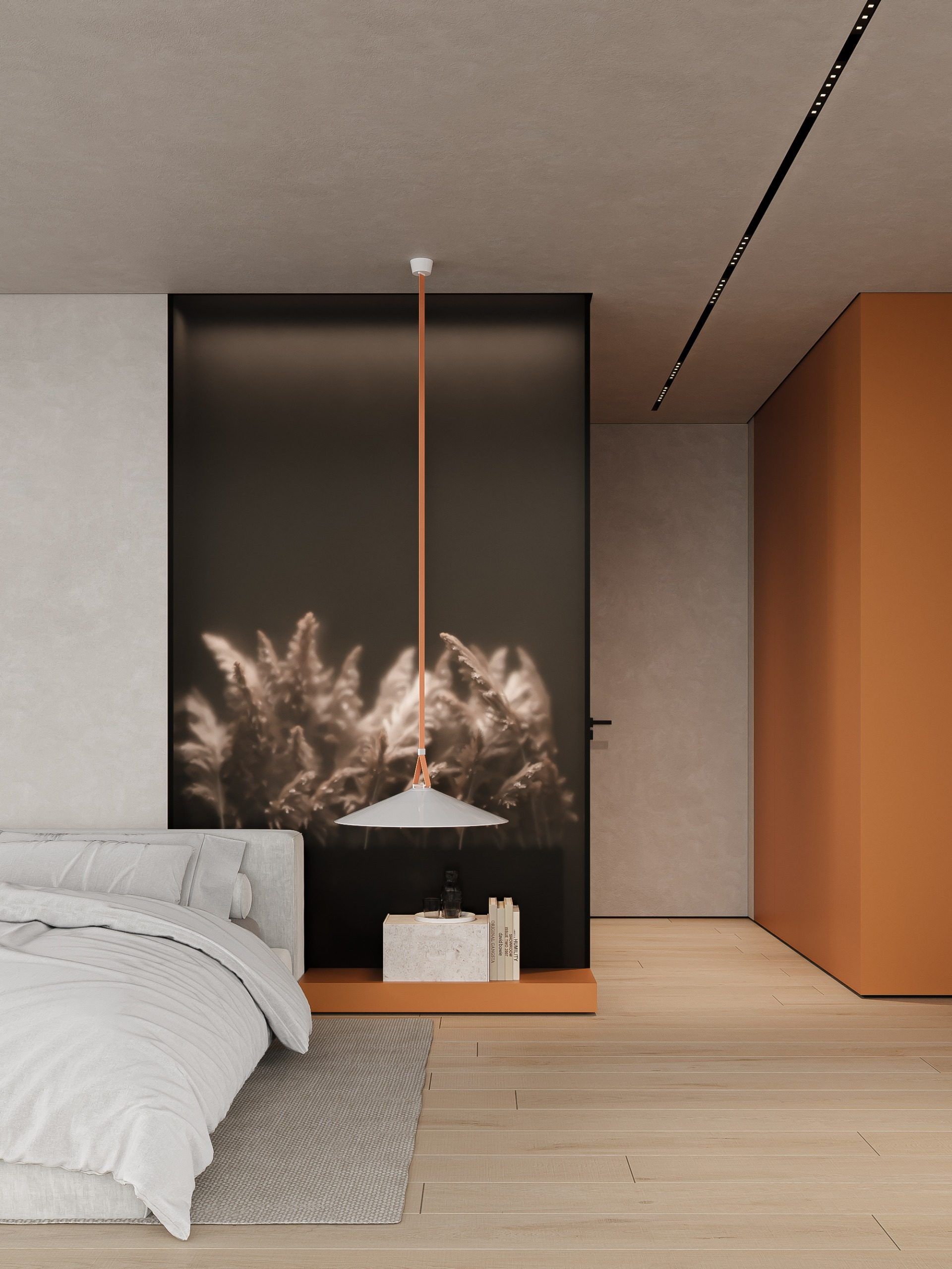 Bedroom with dark niche, dried pampas and copper light, terracotta wall accent