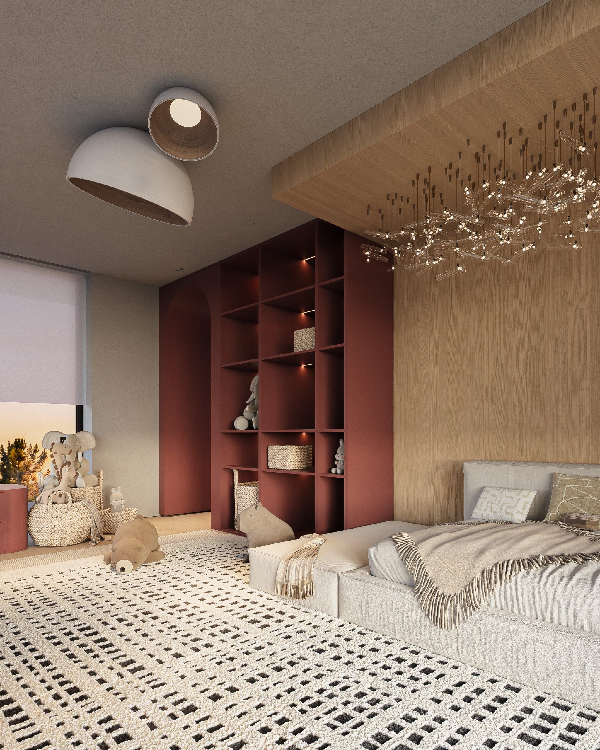 Bedroom with burgundy shelving unit and branch chandelier