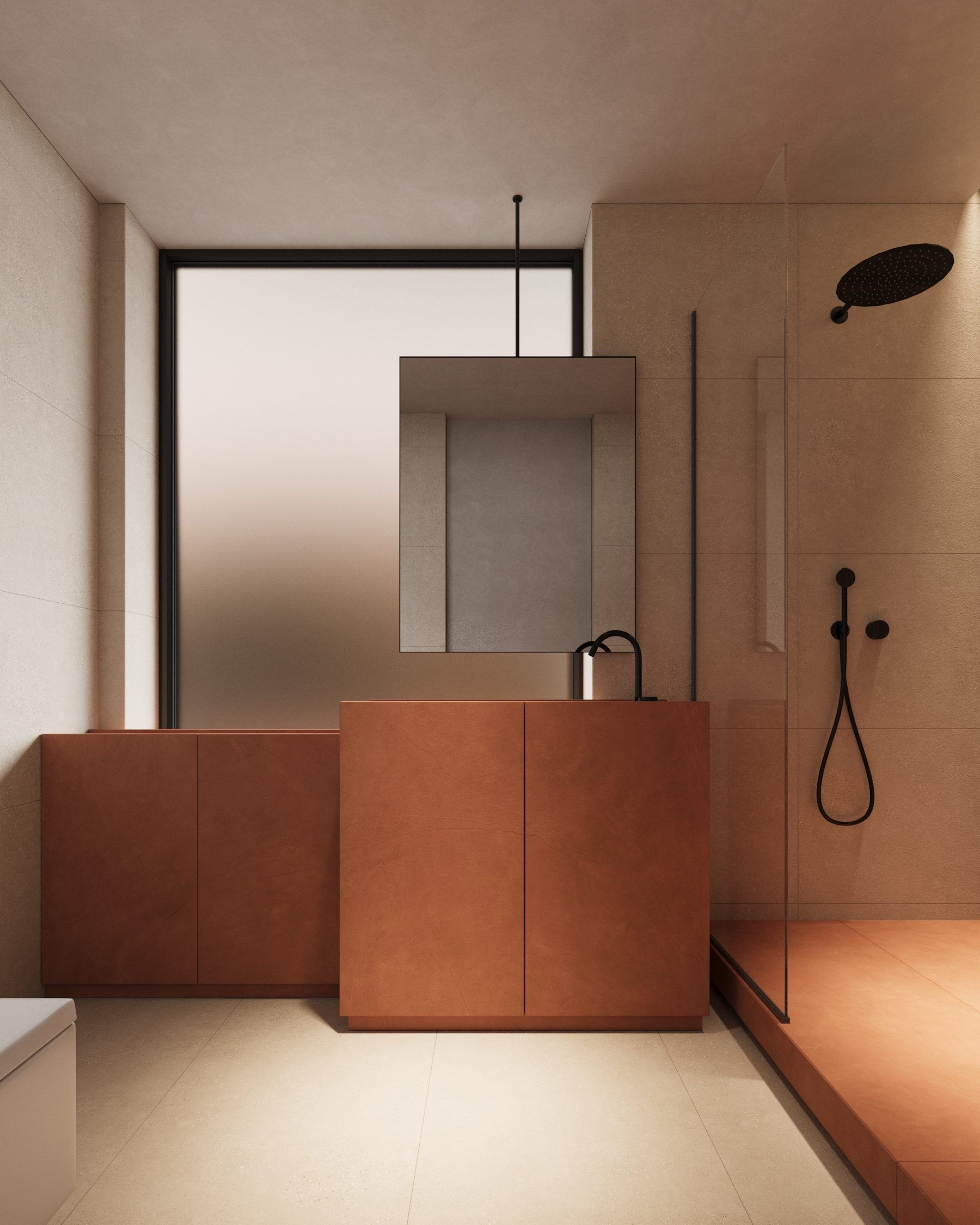 Bathroom with terracotta panels and recessed bathtub
