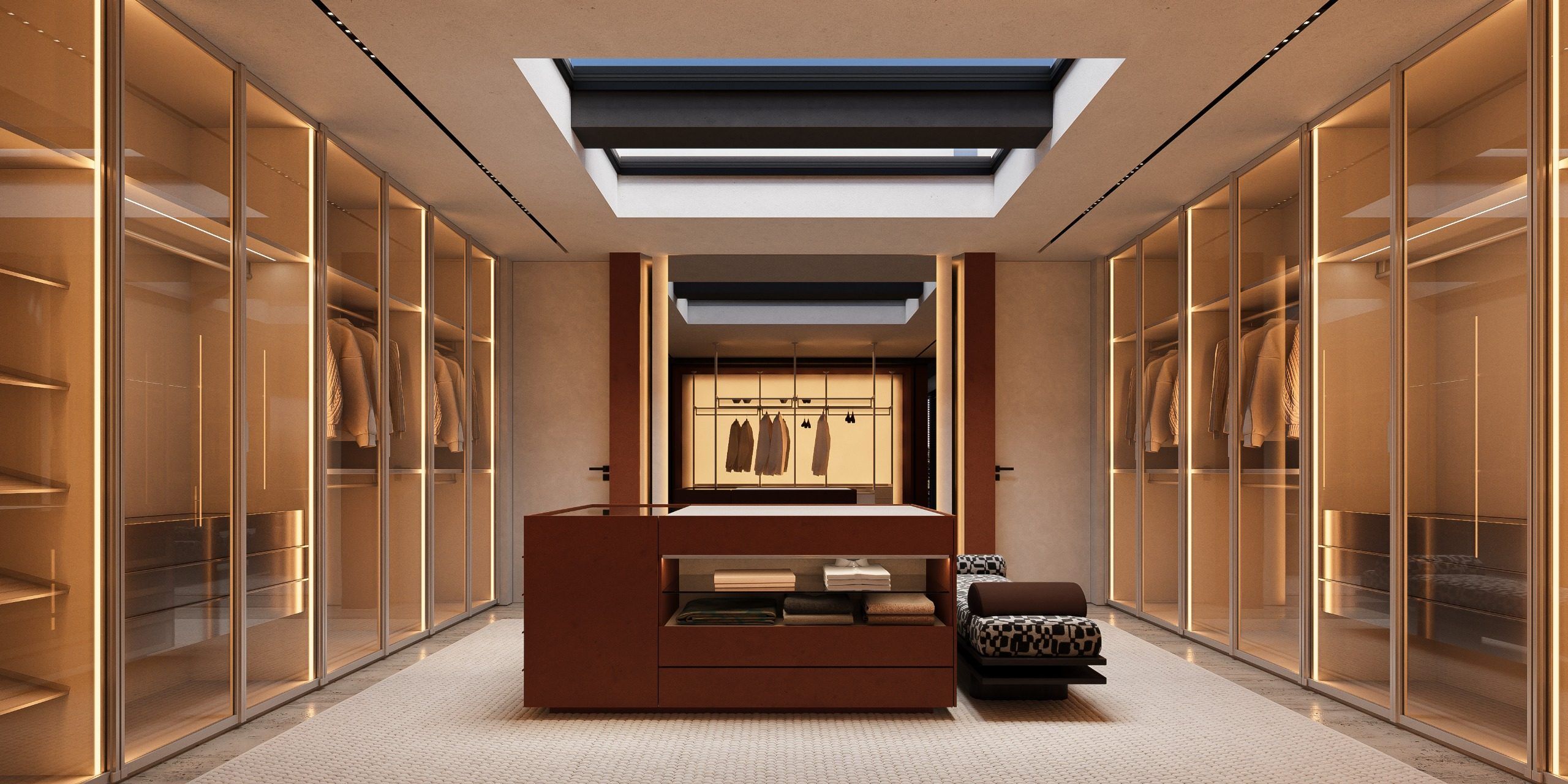 Dressing room with wooden panels and central sofa